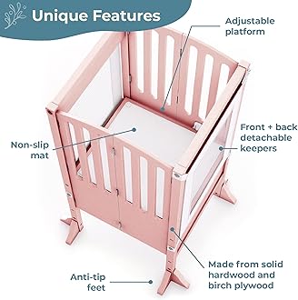 Guidecraft Contemporary Kitchen Helper Toddler Tower - Limited Edition Pink. Original Folding Montessori Learning Step Stool with Safety Nets