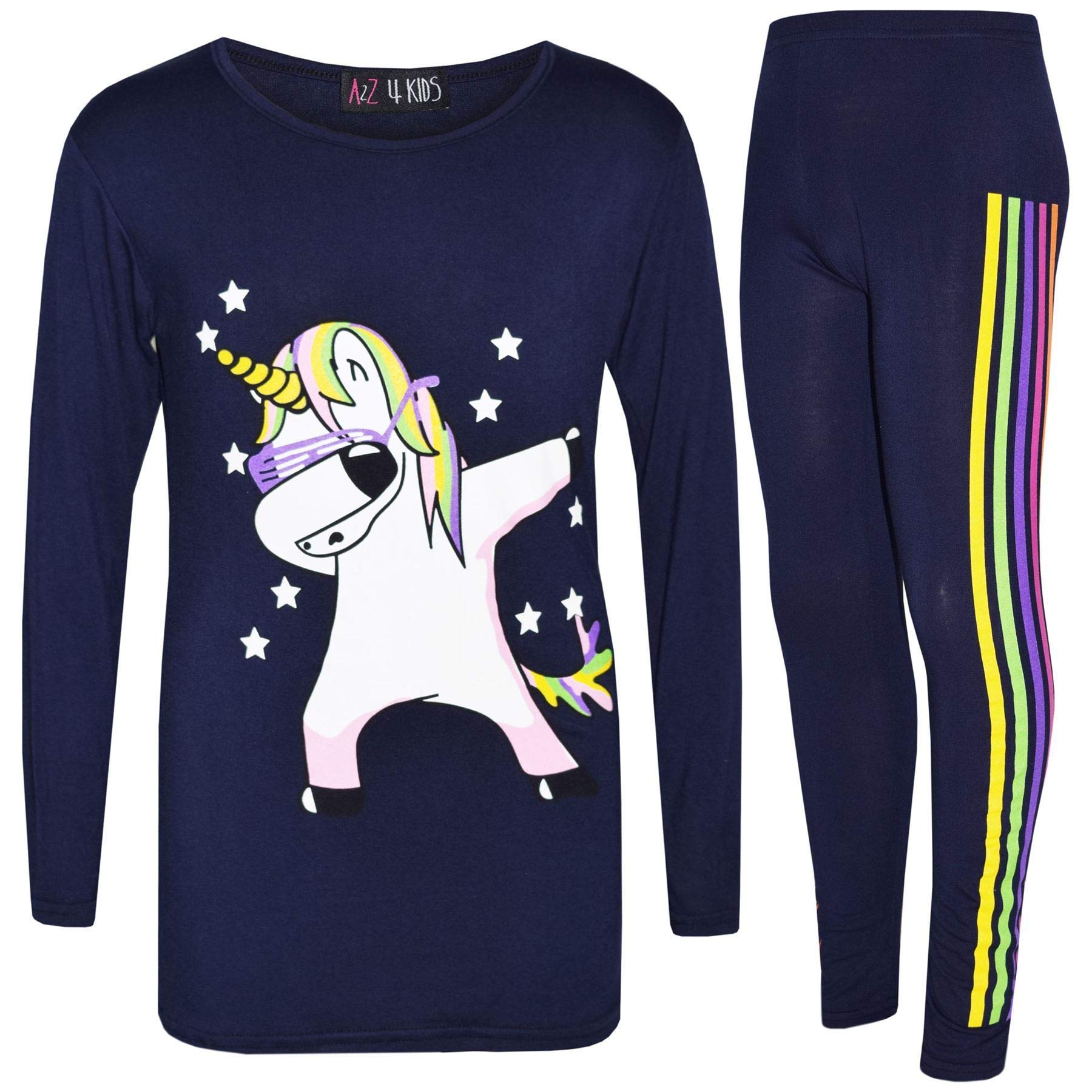 Kids Girls Rainbow Unicorn Dab Floss Navy Top & Legging Outfit Set Age 7-13 Year