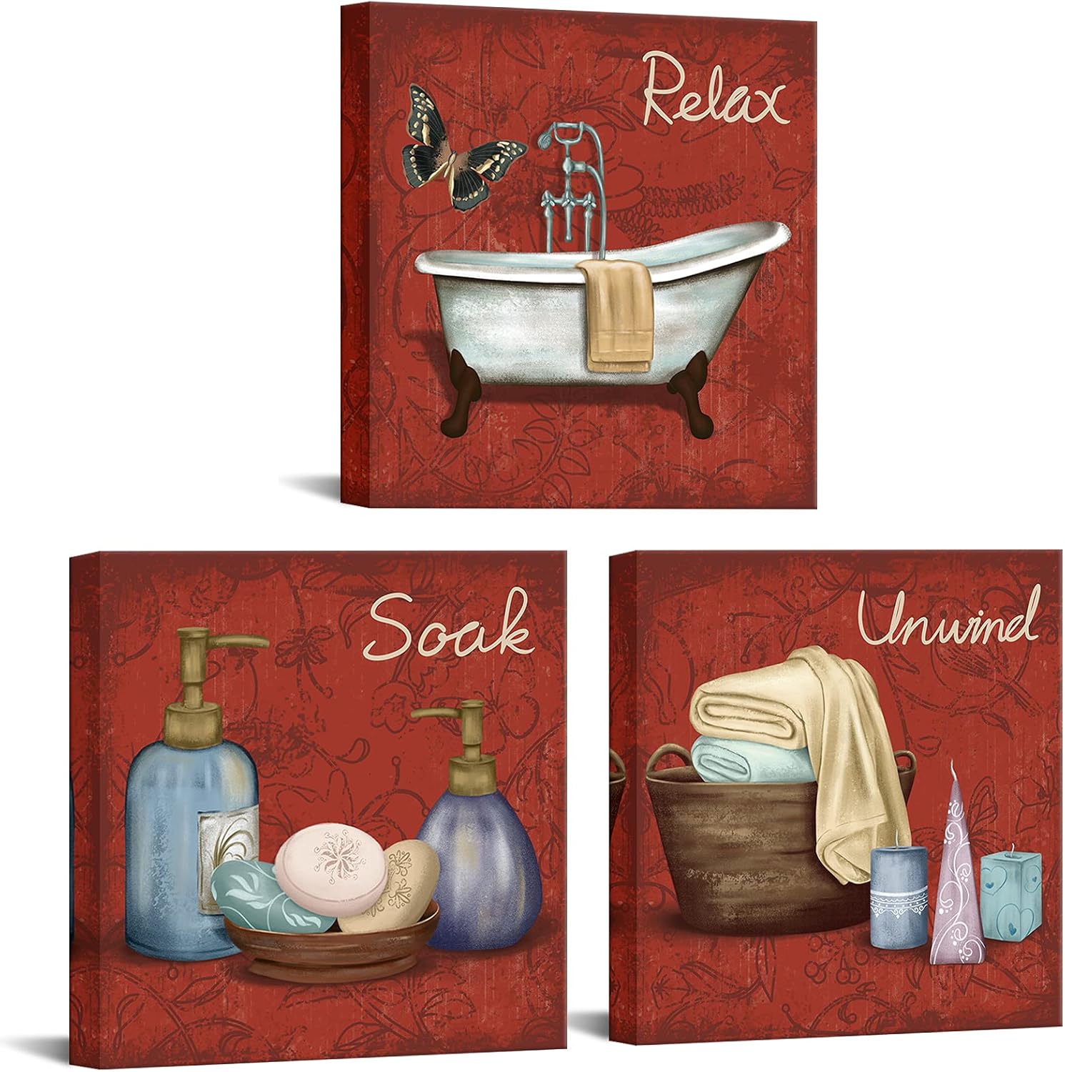 FuShvre Burgundy Bathroom Decor Red Bathroom Wall Art Spa Relax Soak Unwind Paintings Wall Decor Framed 12"x12" each