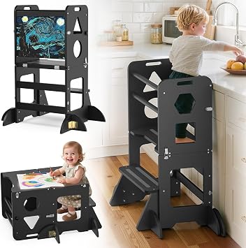 Toddler Standing Tower Anti-Tip Wooden Kitchen Step Stool,Black
