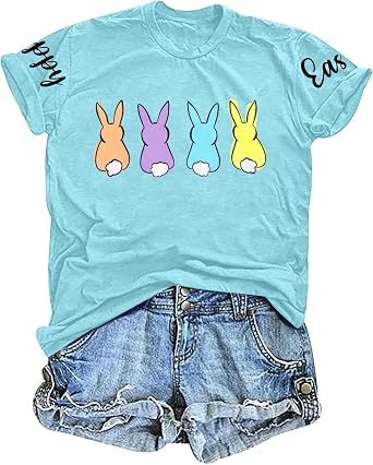 Easter Shirt Women Cute Bunny Graphic Tee Happy Easter Letter Printed Tshirts Casual Short Sleeve Easter Gift Tops