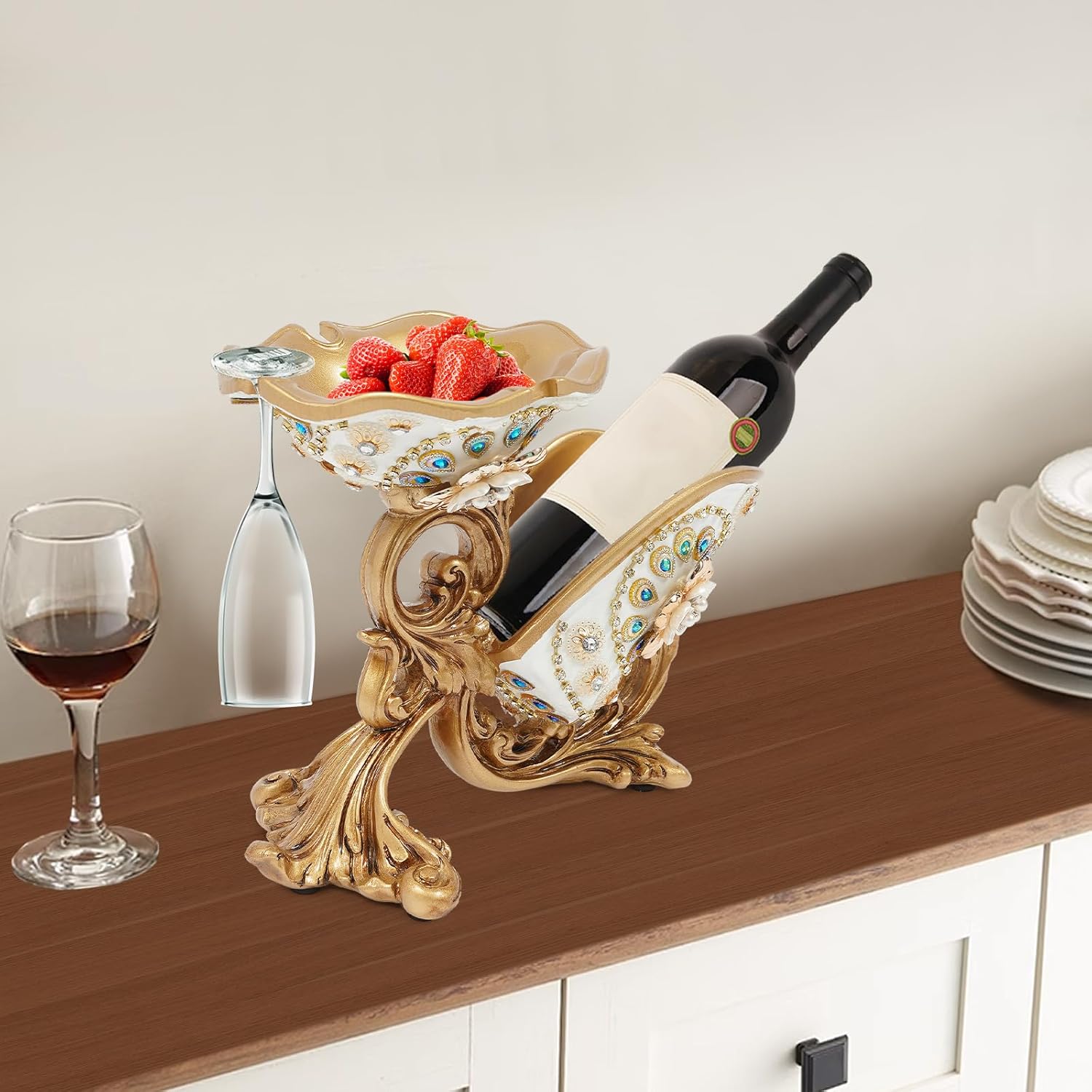 Countertop Single Bottle Wine Rack, Golden European Bottle Holder with 3 Notches for Wineglass, Tabletop Single Wine Bottle Rack, for Cocktail Parties, Dinner Party, Living Room, Dining Table