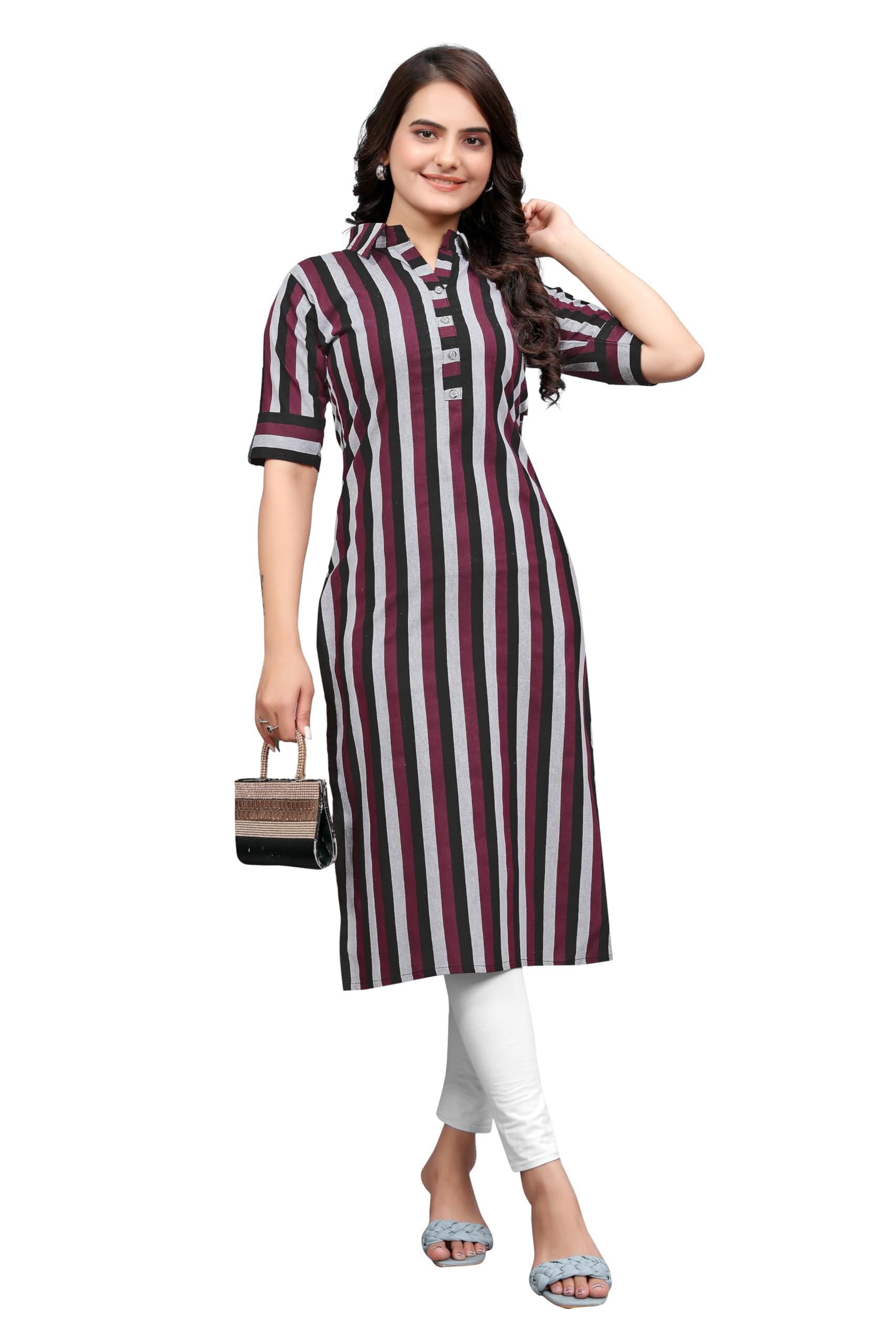 Roadster Women Printed, Striped, Solid Pure Cotton Straight Kurta (Black, Multicolor) in black
