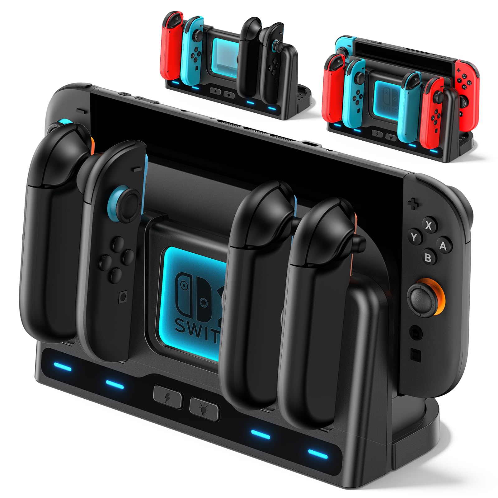 Base de Carga para Mandos Switch 2/SW/OLED, Cargador Joy-con para 4 Mandos NS, Magnética Soporte para Consola Switch, Accesorio Nintendo Switch con 9 Modos RGB & Cable de Carga