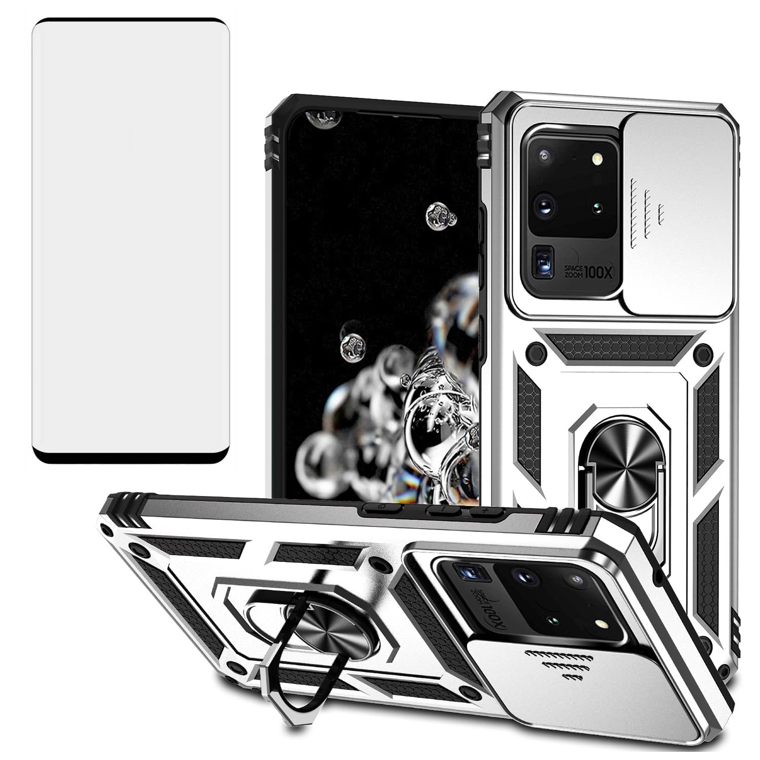 Asuwish Phone Case for Samsung Galaxy S20 Ultra 5G with Slide Camera Cover Tempered Glass Screen Protector Ring Holder Stand Rugged Cell Protective