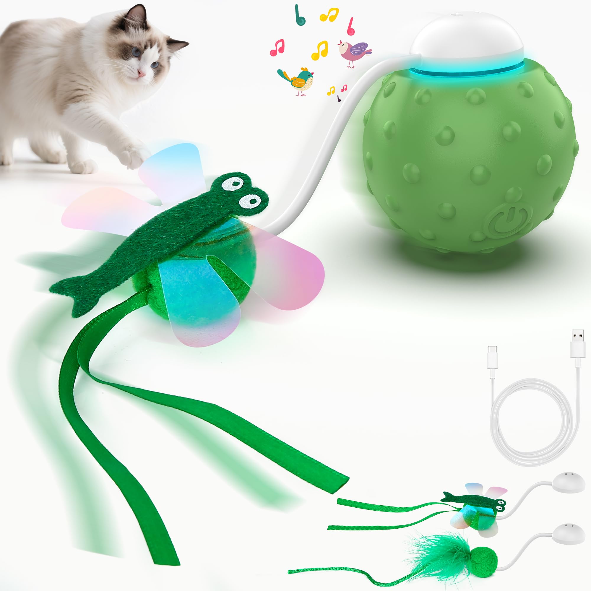 FUGODIWI Interactive Cat Toy, Cat Toys Interactive for Indoor Cats Adult, Kitten Toys with Feather Tail & Bird Chirping, 3 Speeds Automatic Rolling Cat Ball, USB Rechargeable Cat Toy