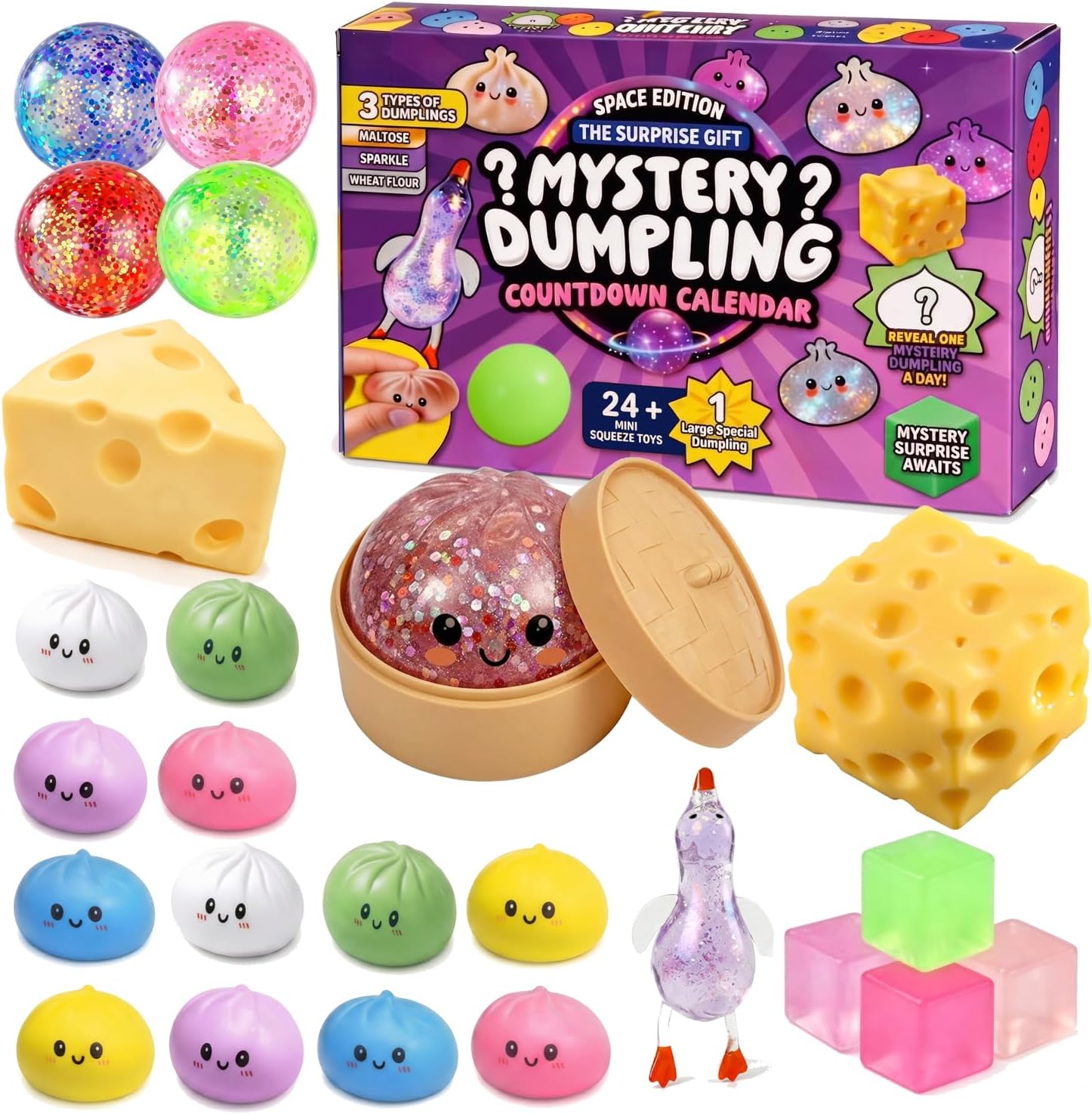 25 Pcs Dumpling Squishy Advent Calendar 2026 , Mystery Dumpling Collection with Mixed Styles & Textures, Slow Rising Stress Relief Sensory Set, Kawaii Food Desk Decor for Halloween, Birthday Gifts & Christmas Countdown