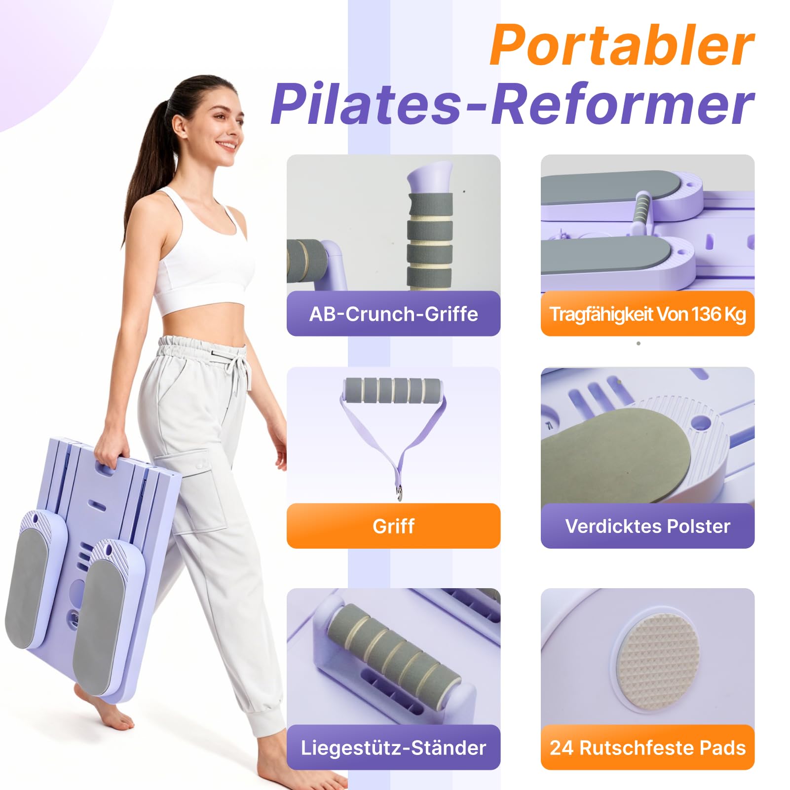 Reformer Pilates Multifonction Pliable avec Bandes de Résistance, Appareil d’Entraînement Complet du Corps et Abdominal pour Gym à Domicile, Compact et Facile à Ranger