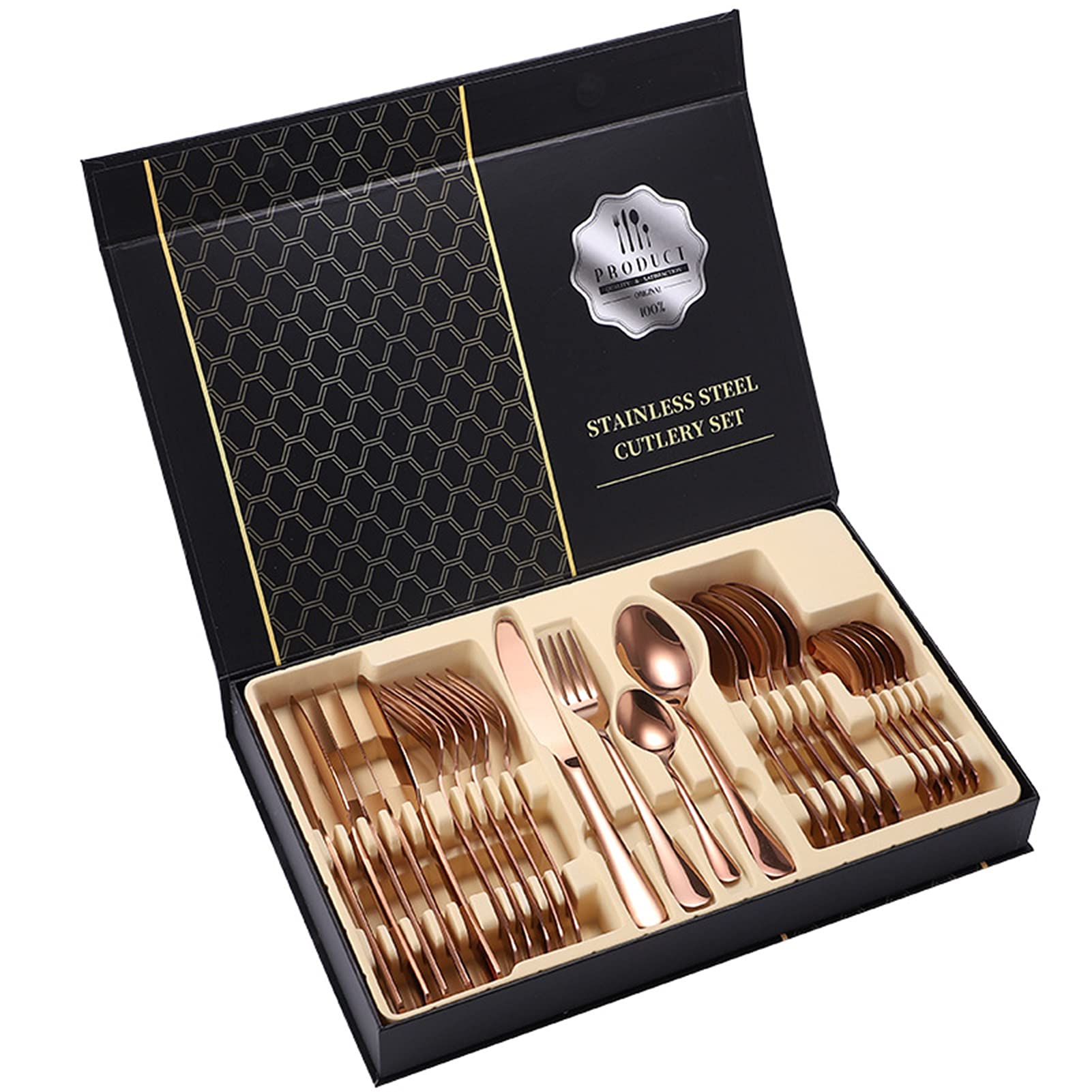 Juego de cubiertos de acero inoxidable de 24 piezas para cubiertos con espejo pulido, multiusos para el hogar y la cocina con caja de regalo, servicio para 6 (oro rosa)