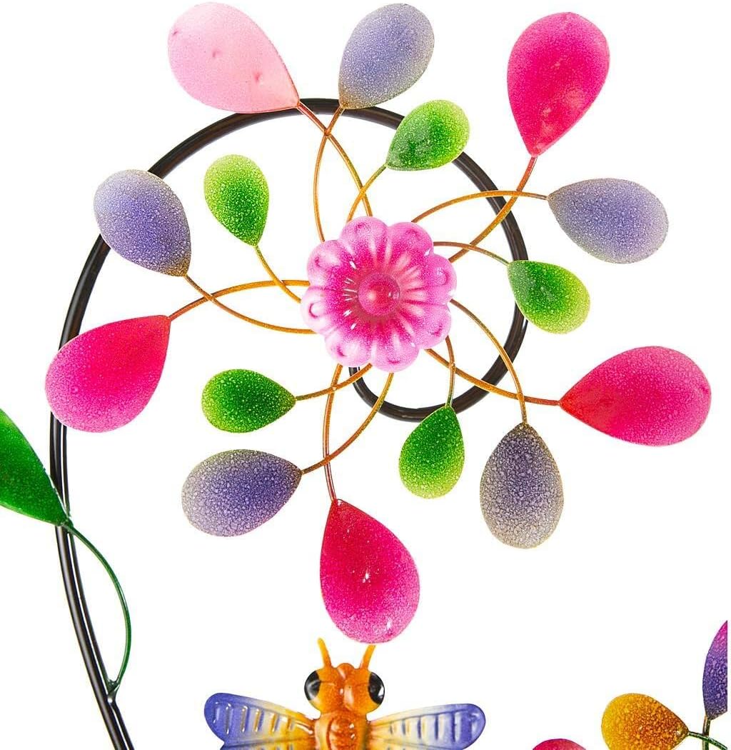 Wind & Weather 18.5-Inch Wide by 58-Inch Tall Colorful Garden Trellis and Wind Spinner with Twisting Vines, One Large and Two Small Spinning Flowers, and Sturdy Metal Stakes for Secure Installation