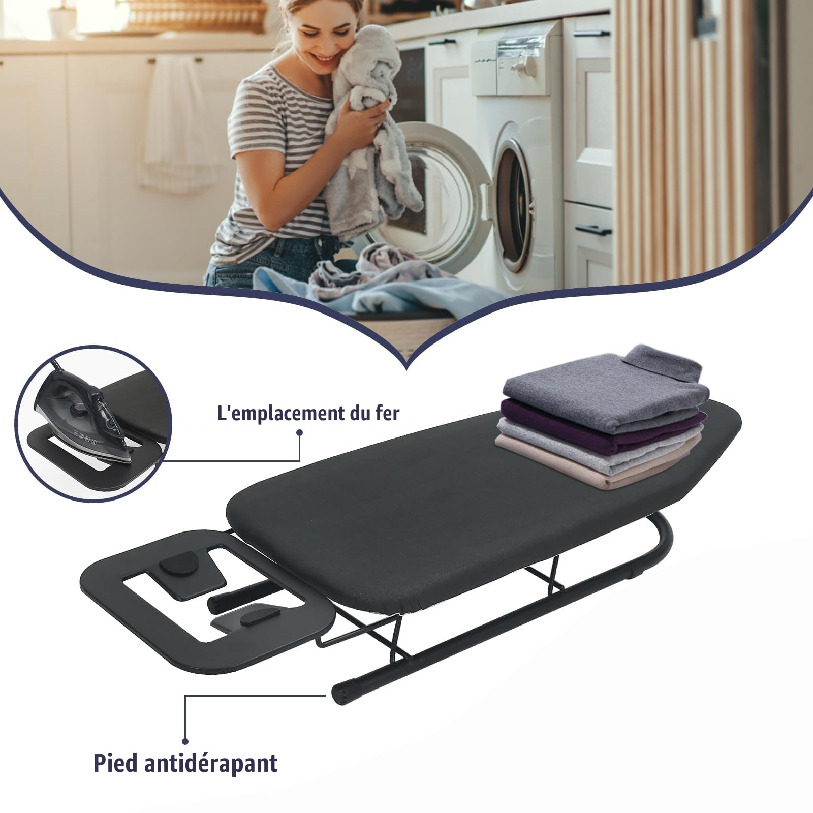 Rainberg Planche à Repasser de Table, Design Pliable, Pieds Pliables antidérapants, Housse 100% Coton avec Couche de Mousse, Repose-Fer à Vapeur, légère, emplacements limités, 76 x 30 cm