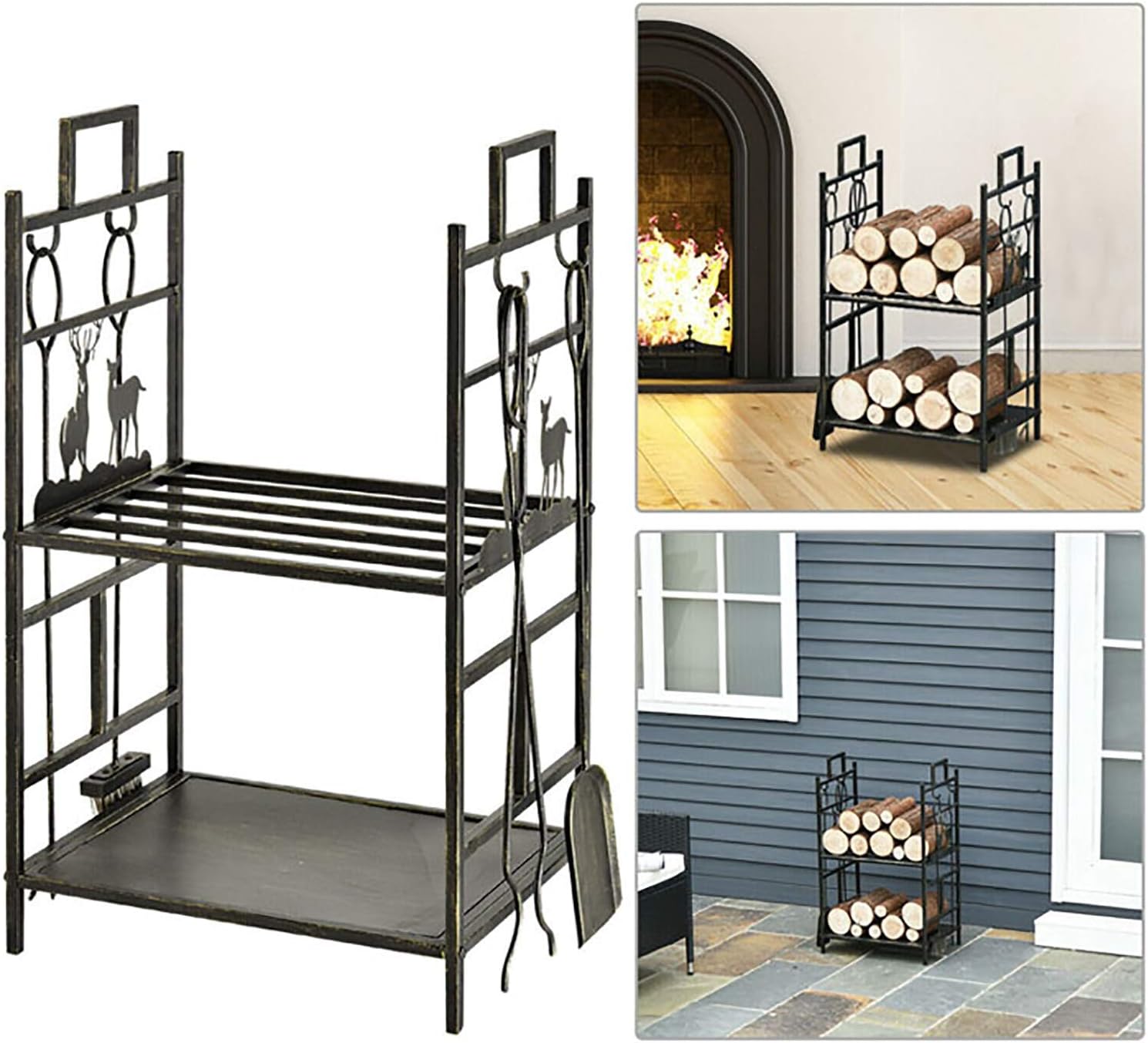 Bronze Elk Fireplace Log Wood Rack with 4 Pcs Tools,Wrought Iron 2 Tier Heavy Duty Firewood Holders for Indoor/Outdoor/Stove
