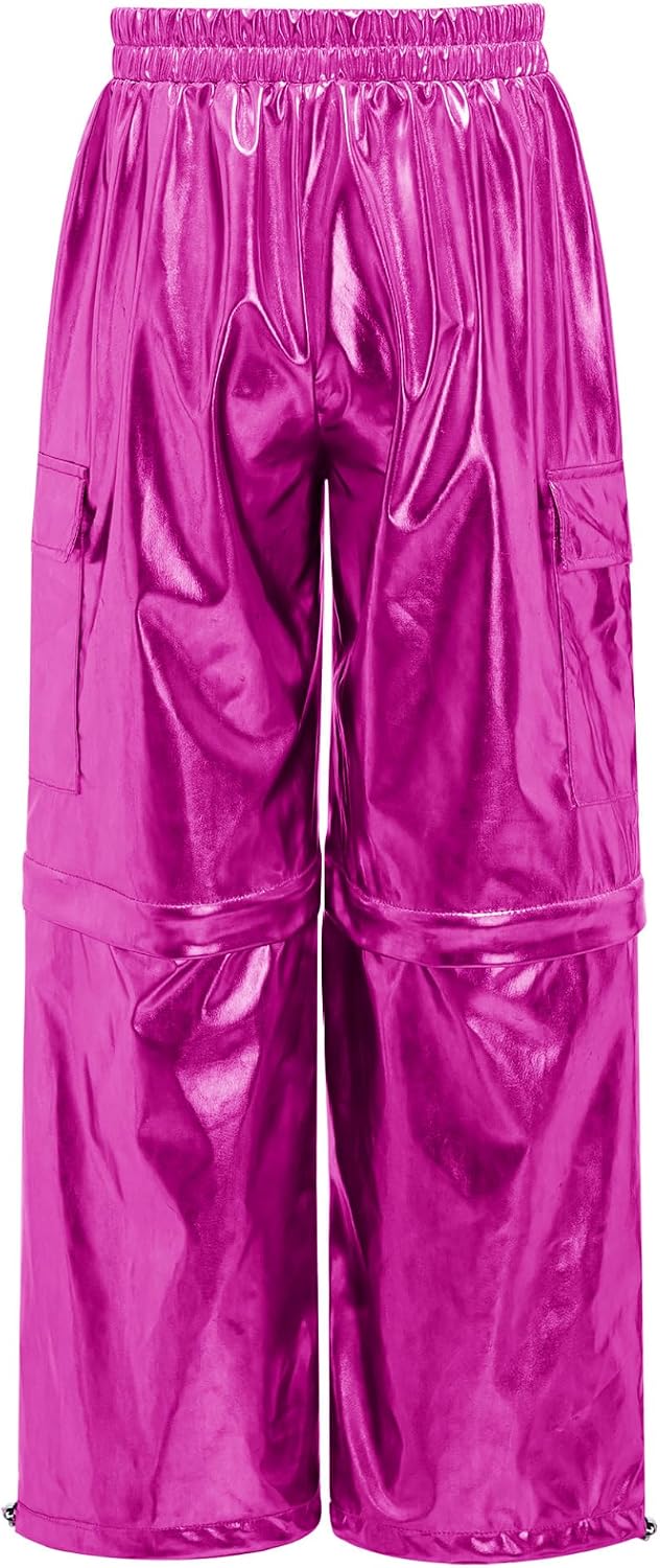 Linjinx Kids Boys Girls Shiny Metallic Cargo Pants Sparkle Jogger Pants Jazz Hip Hop Dance Streetwear Cargo Trousers