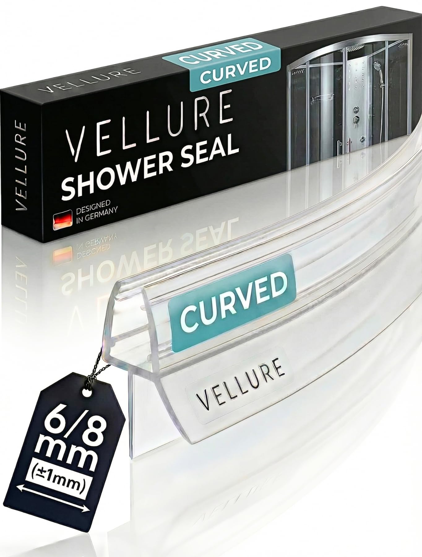 Vellure Curved Shower Screen Seal Strip, Premium Shower Door Seal Strip for 6 mm (+-1) Shower Glass Thickness, Shower Seal Strip, Covers up to 12mm Gap, Transparent, Universal Length up to 90cm