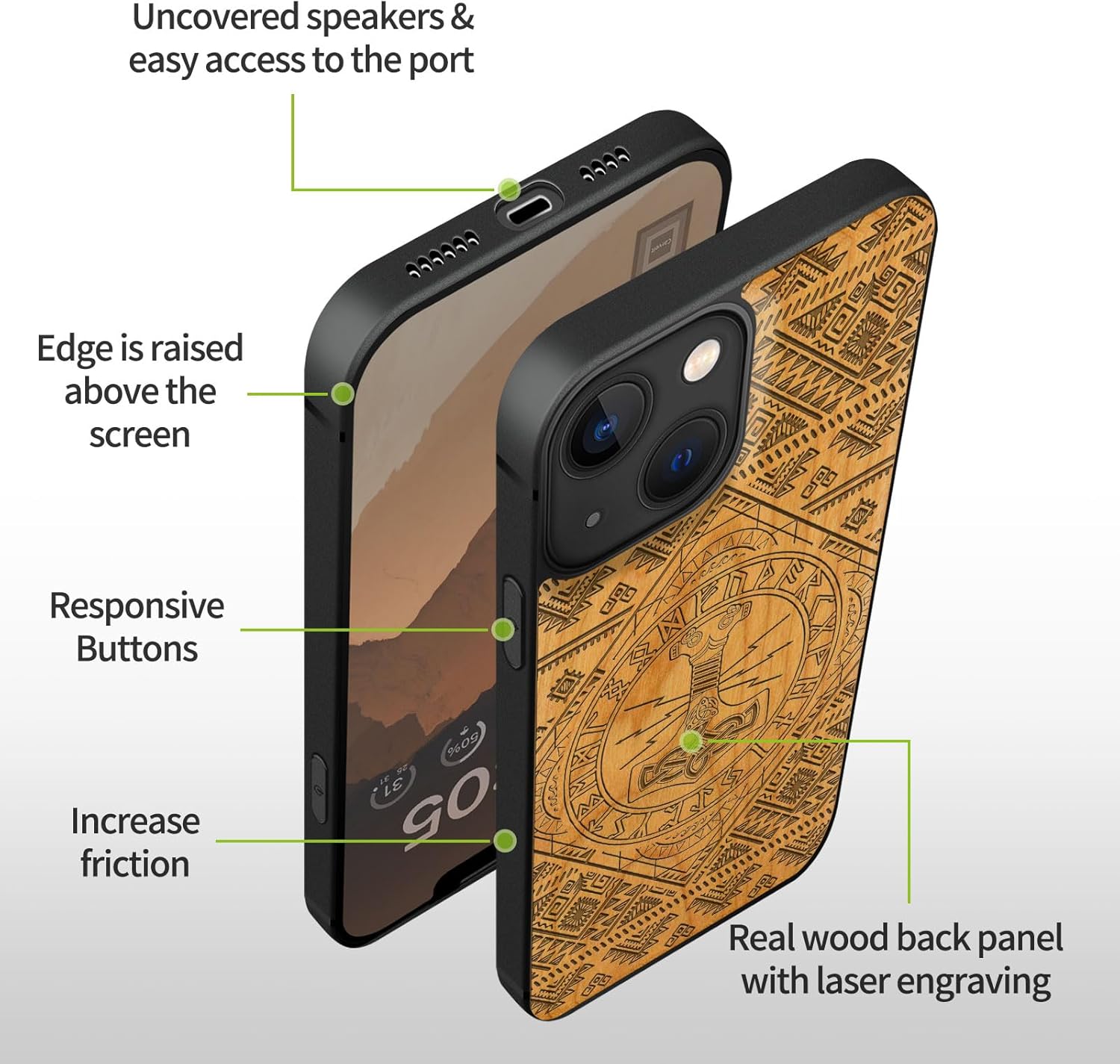 Carveit Magnetic Wood Case for iPhone 13 Case [Natural Wood & Black Soft TPU] Unique Wooden Shockproof Protective Cover Compatible with magsafe (Mjollnir -Cherry)