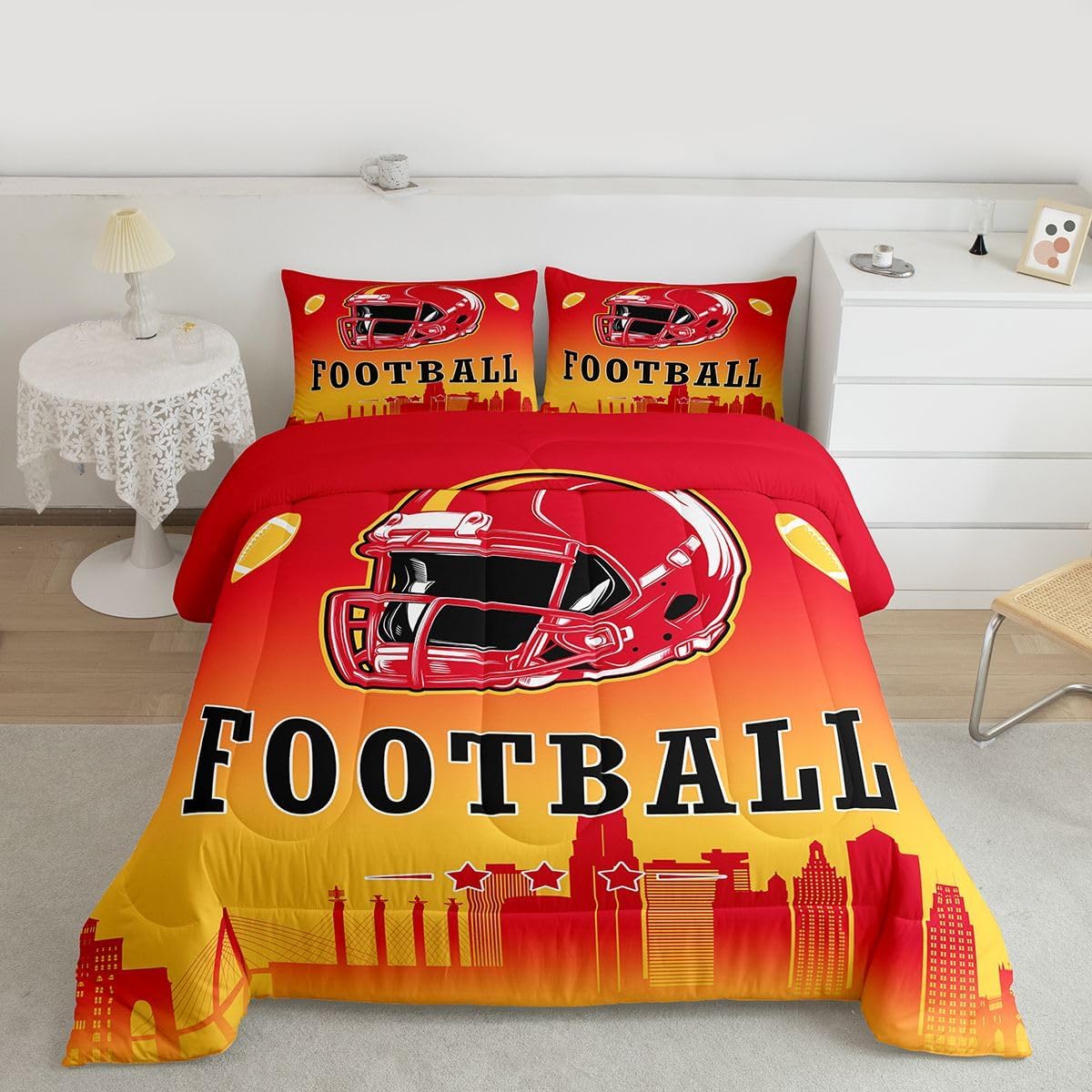 Erosebridal American Soccer Comforter Set Twin Boys Football Fans Bedding Set American Rugby Sports Theme Comforter for Kids Teen Adults,City Silhouette Ball Games Quilt Duvet,Red Yellow