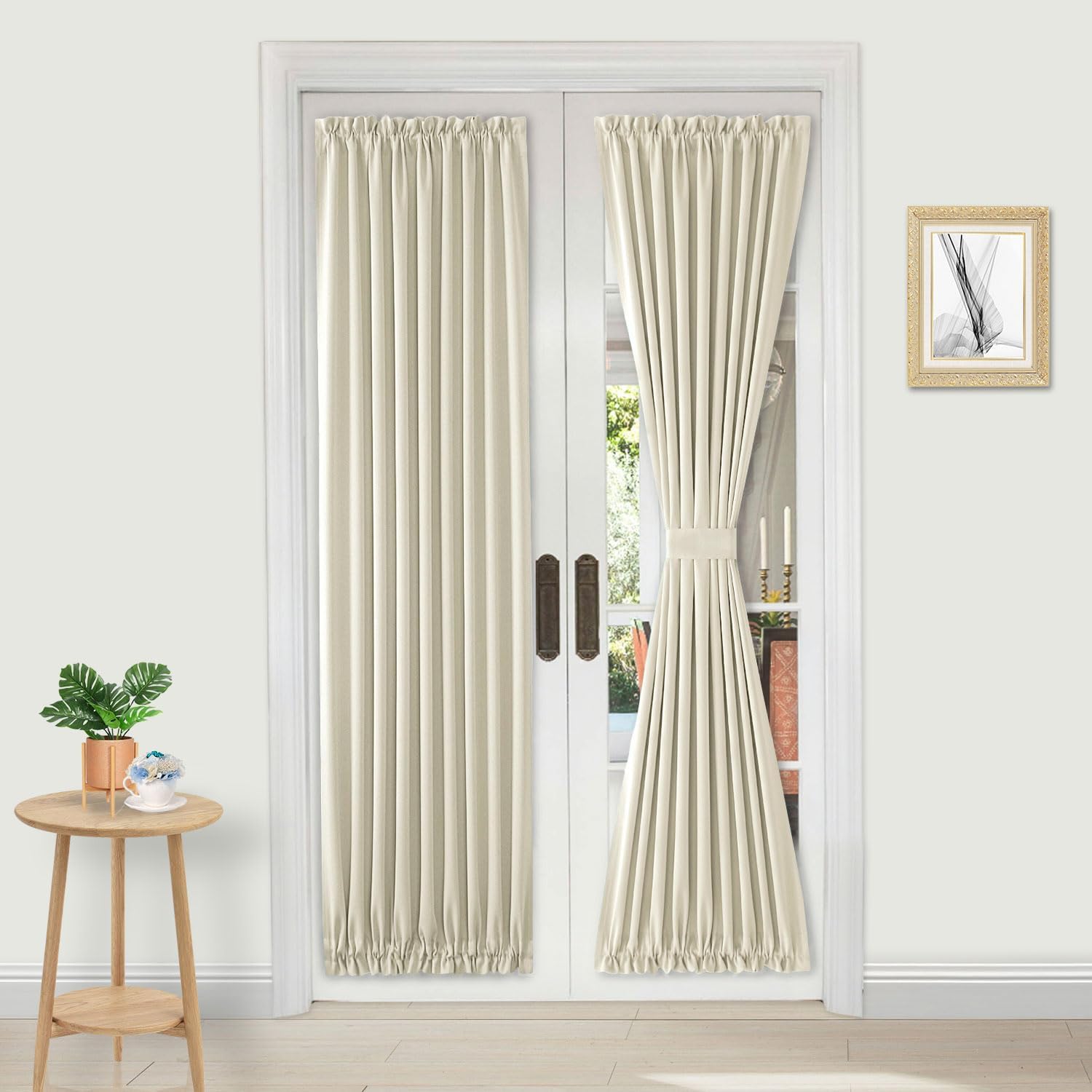 DWCN French Door Curtains – Rod Pocket Thermal Curtain for Doors with Glass Window, Kitchen and Patio Doors for Privacy, 25 X 80 Inches Long, 1 Curtain Panel with Tieback, Light Beige