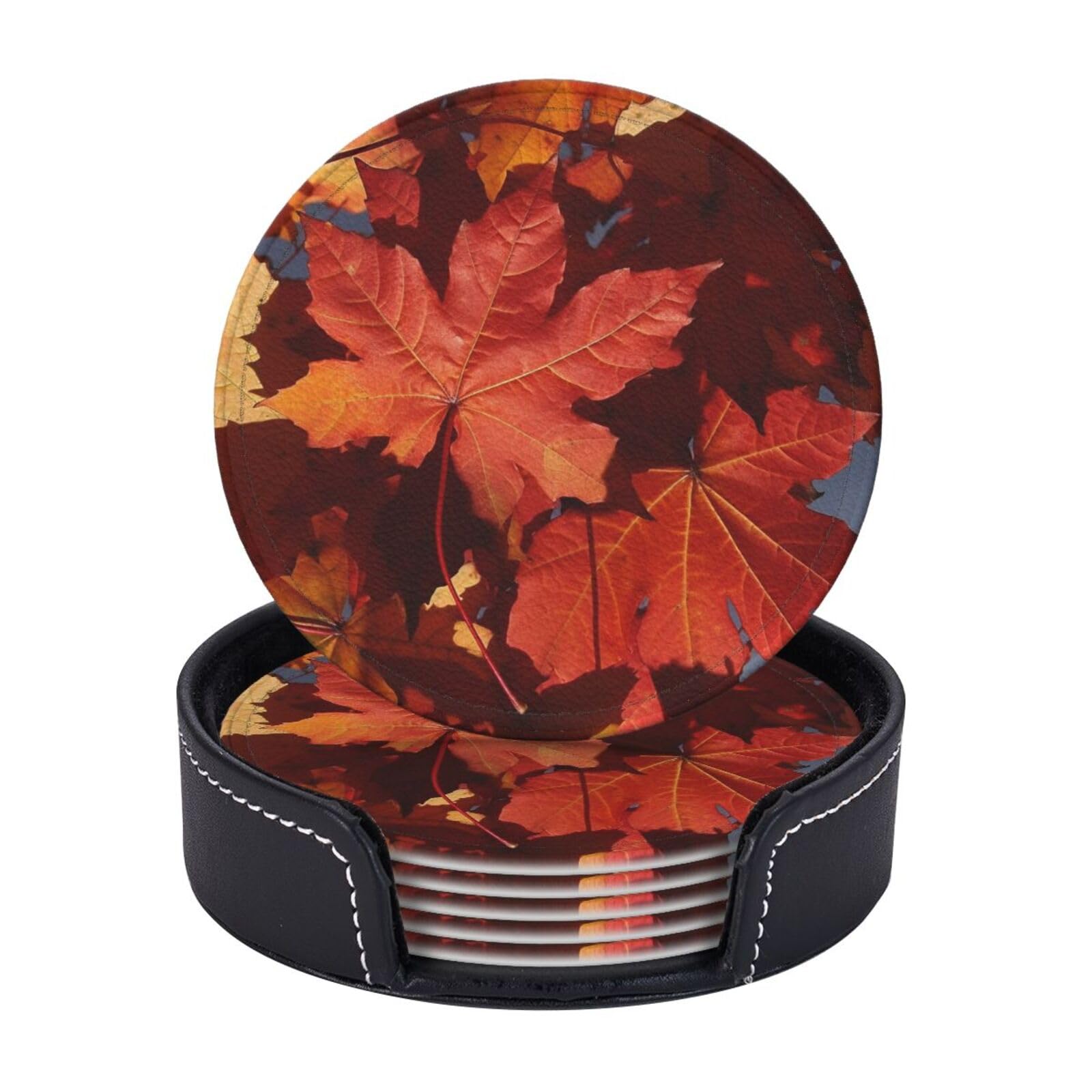 6Pcs PU Leather Coaster for Drinks, Fall Maple Leafs Cup Coasters with Holder, Aesthetic Drink Coasters for Coffee Table, Round Coaster for Tabletop Protection 4" Cup Mat Pad