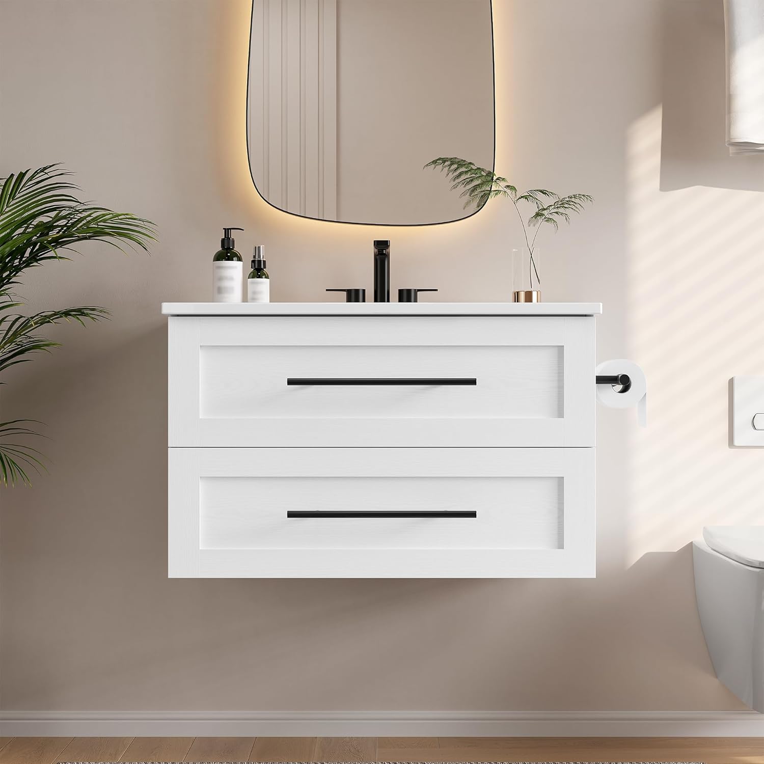 IRONCK 30" Bathroom Vanity, Wall Mounted Bathroom Vanities with 1 Drawer and 1 Tip-Out Drawer, Modern Floating Bathroom Storage Cabinet with Undermount Ceramic Sink, Easy Assembly, White