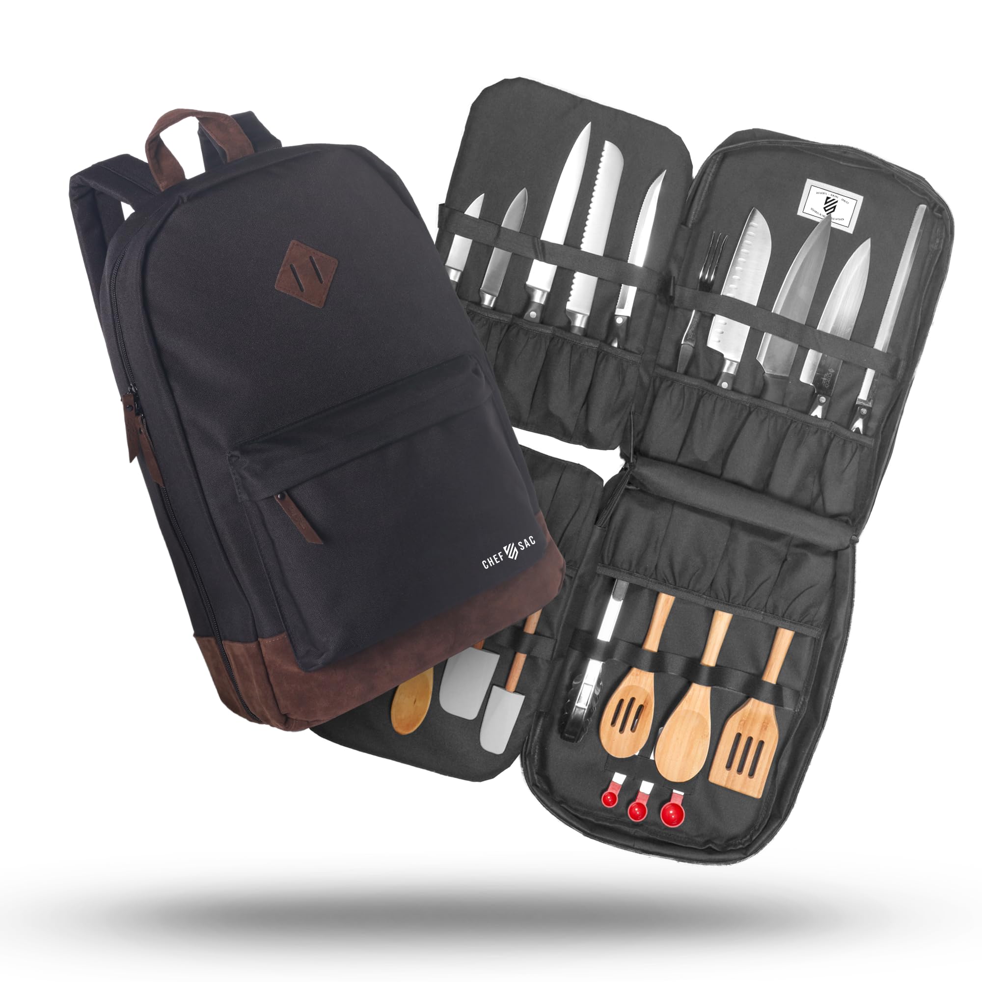 Chef Knife Bag Leather Finish Backpack | Premium Knife Storage & Chef Backpack | Knife Case with 30+ Pockets for Knives & Kitchen Tools | Knife Organizer for Chefs (Black)