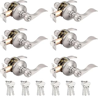 Probrico Wave Style Keyed Alike Entry Door Levers Satin Nickel Finish, Exterior Interior Keyed Door Locksets with Same Keys, 6 Pack (for Bedroom,Bathroom or Office)