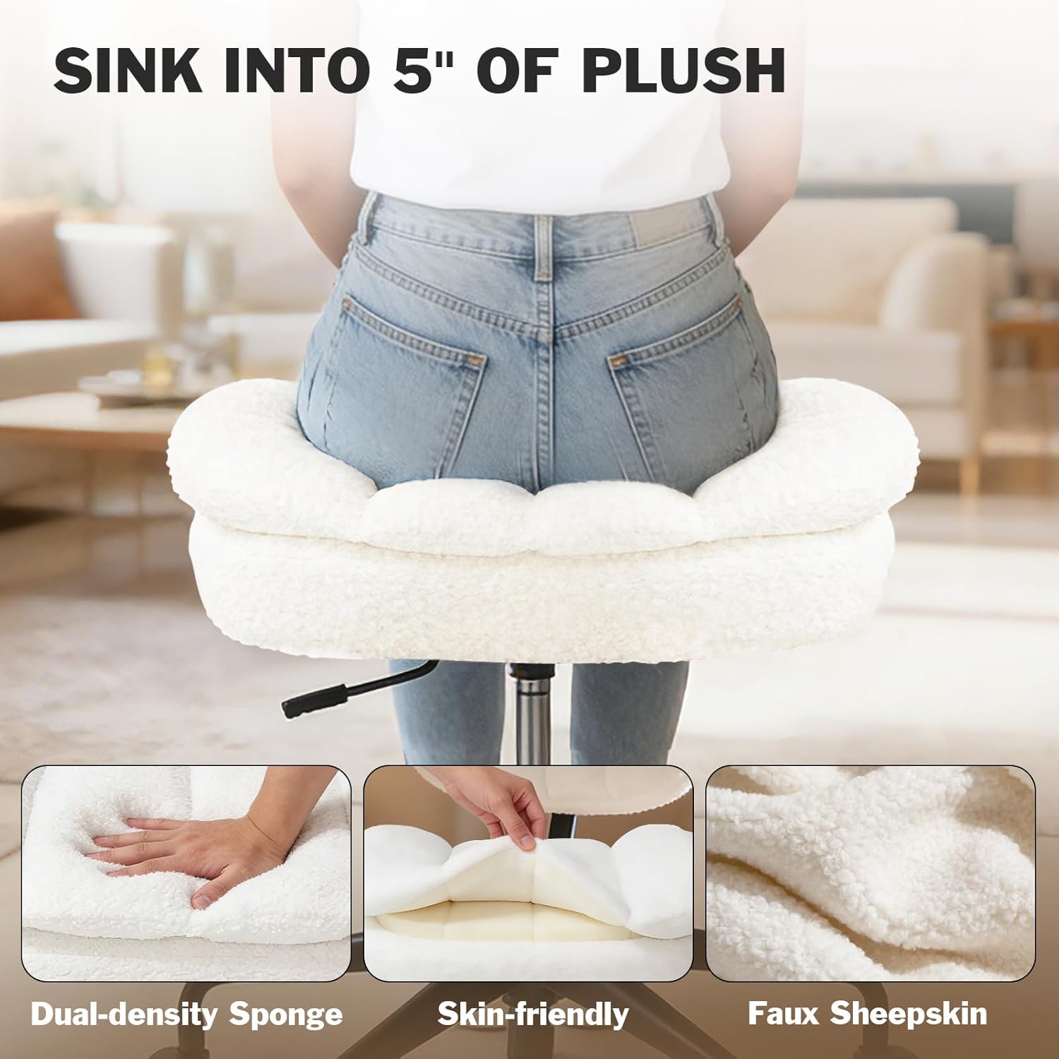 Criss Cross Chair with Footrest, 360° Swivel Faux Shearling Office Chair, Extra Wide Seat with Sofa-Like Comfort, Ergonomic Cross Legged Desk Chair for Cozy Reading, Meditation