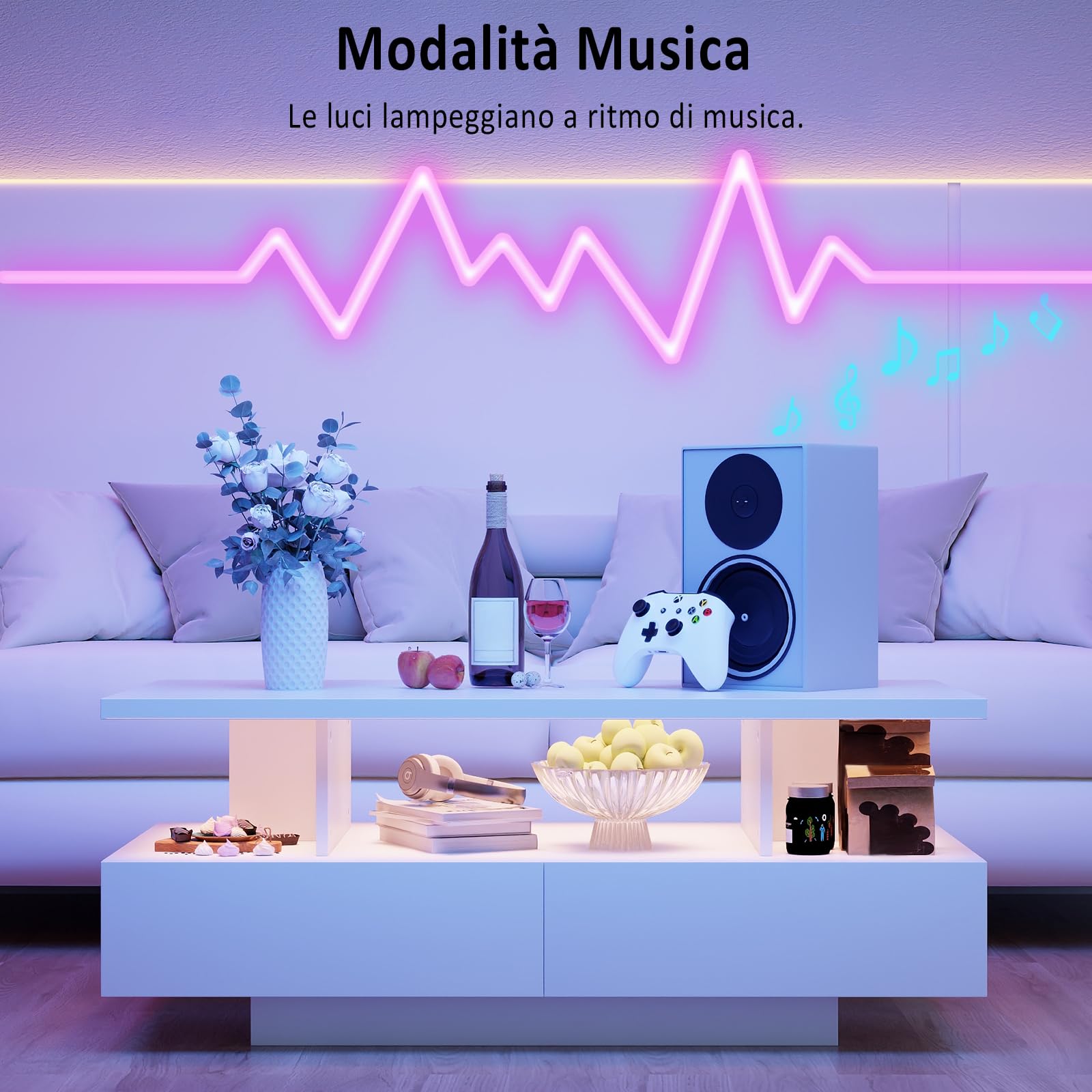 YU YUSING Tavolino Salotto Moderno con 2 Cassetti, Tavolino da Caffè con 2 Ripiani, Coffee Table, 60000 Colori di Luce Regolabili, Telecomando, Controllo tramite App, Modalità Musicali, Bianco