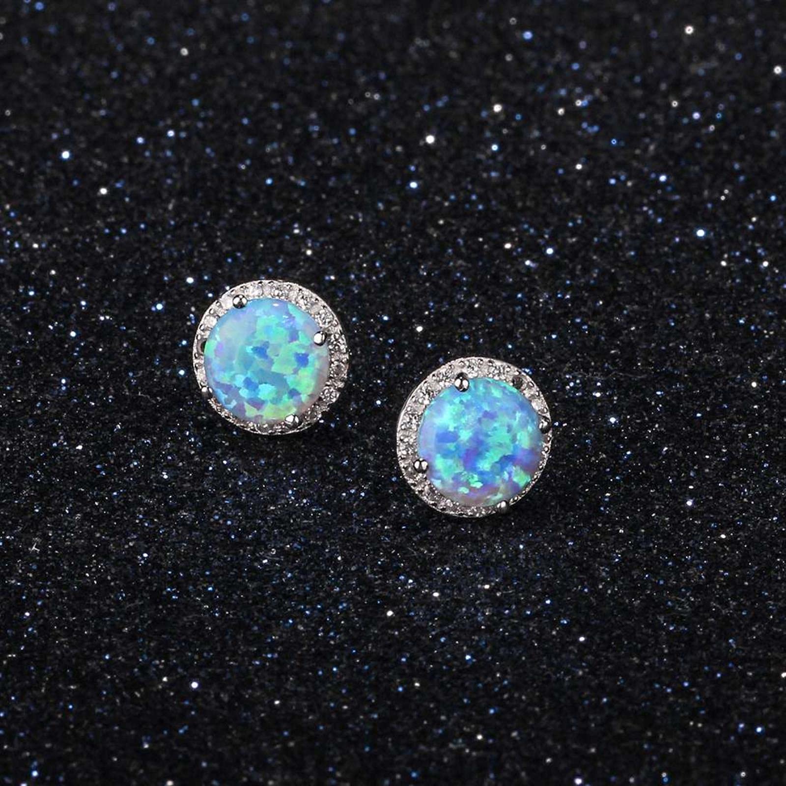 SALAN Pendientes De Botón De Plata De Ley 925 Pendientes Redondos De Ópalo Blanco Rosa Azul con Regalo De Joyería De Circonita Cúbica