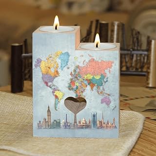 Colorful World Map Candle Holders Gift for Women Wooden Heart Candlestick Personalized Christmas Birthday Graduation Friendship Gifts Home Wedding Dinning Party Decorative