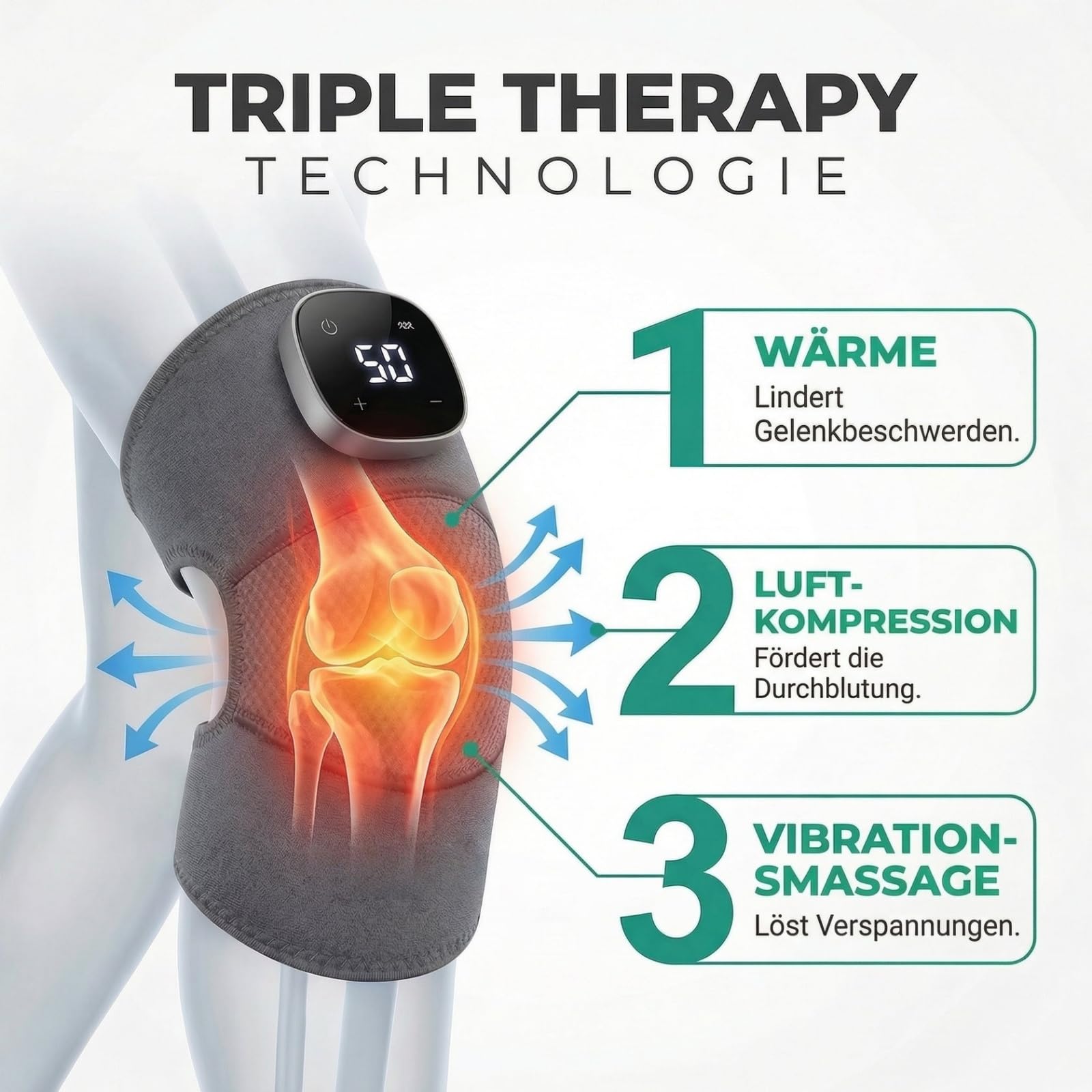 Nuviva Triple Method Knie-Massagegerät,Beheizter Kniemassager mit Vibration,verstellbare Gurte,für Knie,Schultern und Ellbogen,drahtlos,tragbar mit langer Akkuleistung
