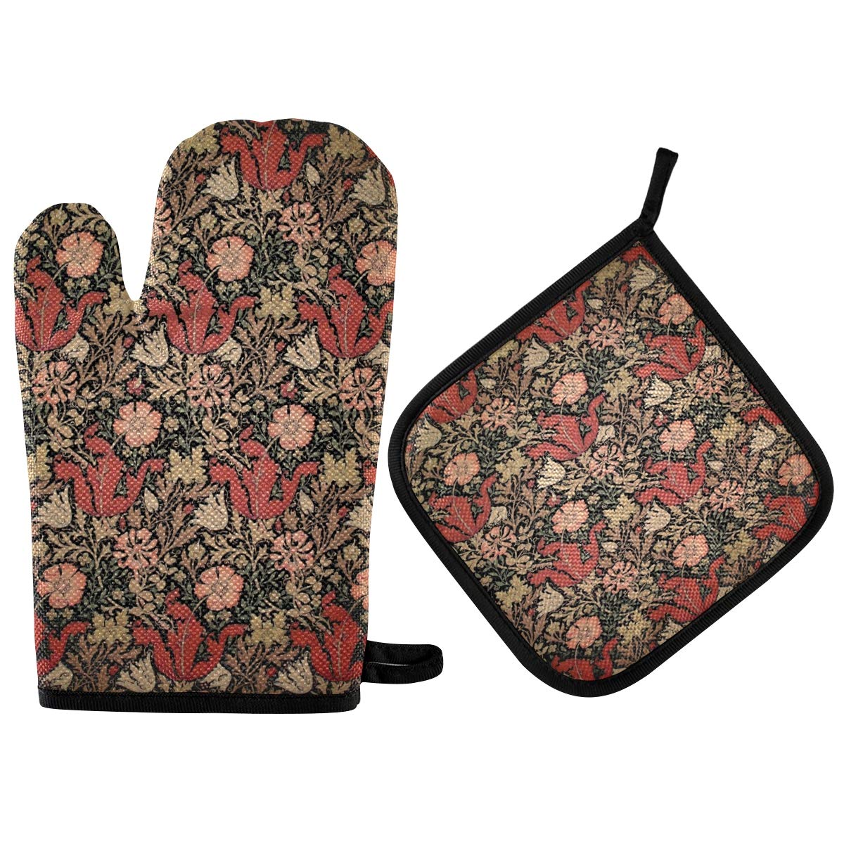 Mnsruu William Oven Mitts Potholders And Oven Mitts Sets Heat Resistant Kitchen Bake Gloves William Morris Mitten Set Non-Slip Grip Oven Mitt And Hot Pot With Hanging Loop For Cooking Baking Grilling