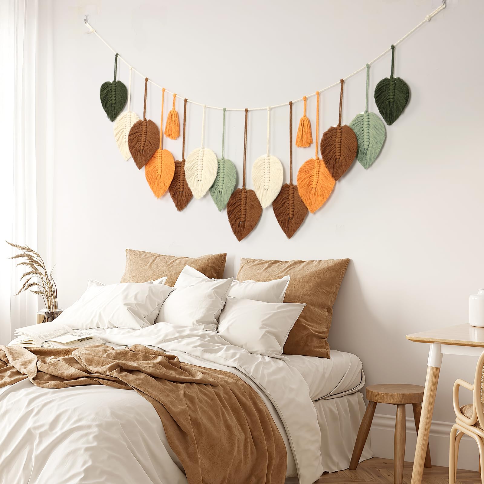 Betylifoy Arazzo da parete in macramè con foglie, decorazione bohémien per cameretta, camera da letto e soggiorno