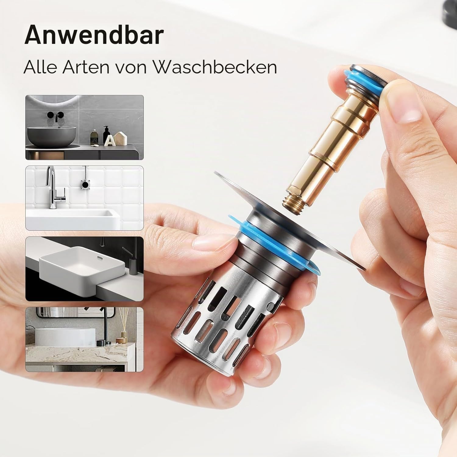 Universeller Waschbeckenstöpsel für Waschbecken, Pop-Up-Waschbeckensieb, Haarfänger, massives Messing, leiser Druckknopf-Kern/Stopper/Abdeckung, Edelstahl, Abnehmbarer Filterkorb für 2,5-5,1 cm Loch