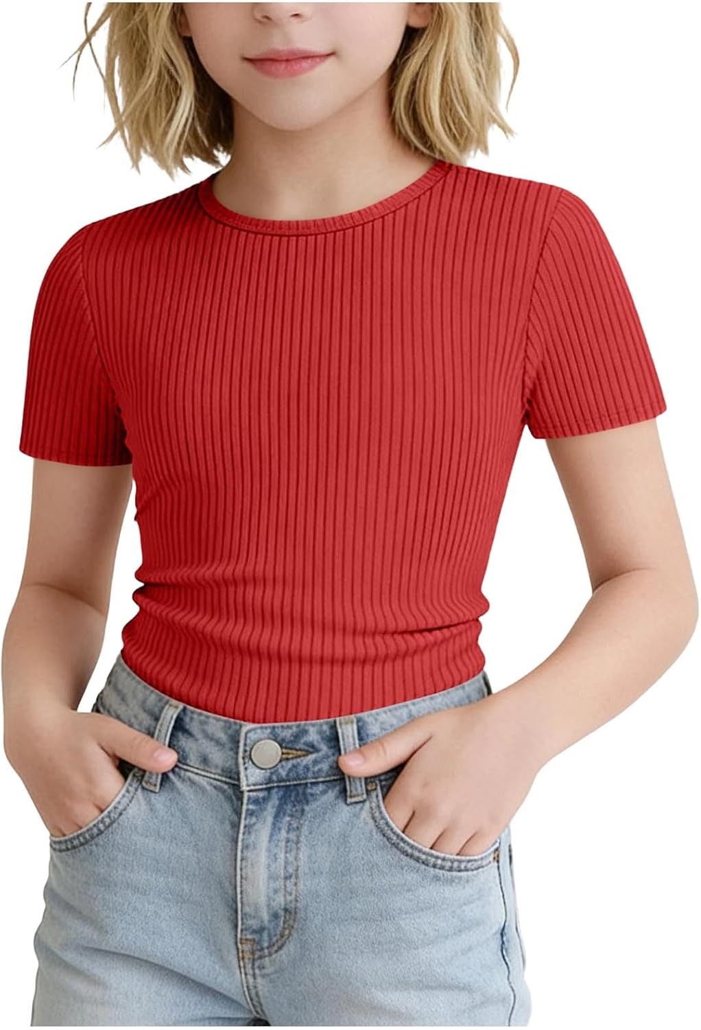 Girls' Ribbed Knit Top Crew Neck Short Sleeve Slim Fit Stretchy | Solid Casual T-Shirt Basic Color Tee Soft Kids