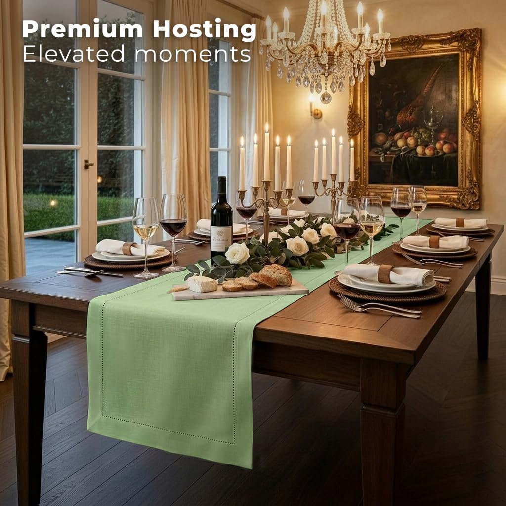 Signature Linen™ by D'Moksha Sage Green Table Runner 132 Inches Long, 100% Pure Linen, Hemstitch, Extra Long Table Runner, 14 x 132 Inch for Dining- Mothers Day, Spring, Summer