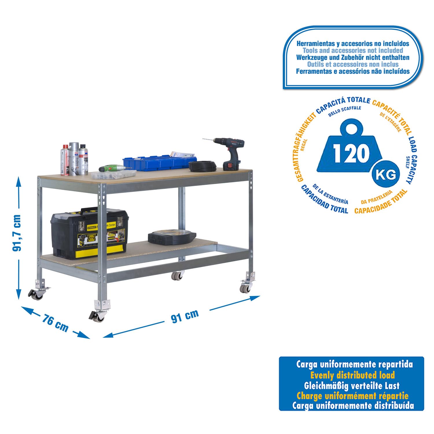 Banco de trabajo Simonwork con ruedas BT0 91x91x61cm galva/madera