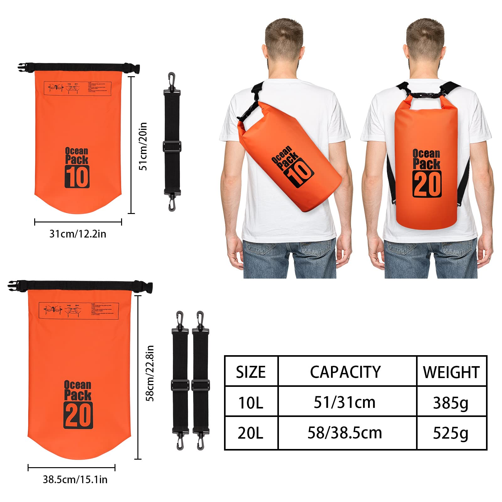 Coolzon Borsa Impermeabile-Sacca Impermeabile con Custodia Impermeabile per Cellulare, Sacca Stagna con Tracolla Regolabile per Kayak Rafting Canottaggio Campeggio Viaggiare Nuoto, 10L Arancione