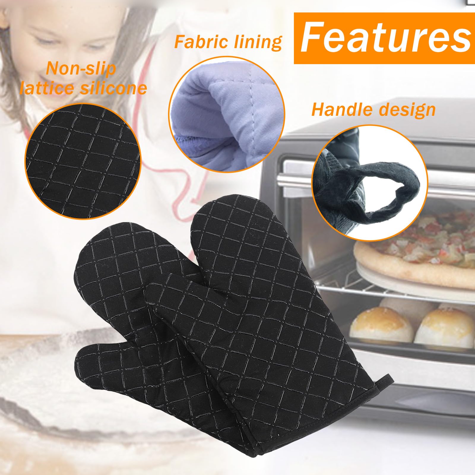 1 Pair Heat Resistant Oven Gloves, Non Slip Silicone Black Oven Mitts Kitchen Glove for Grilling Microwave Pizza Cooking Baking Barbecue - Image 4
