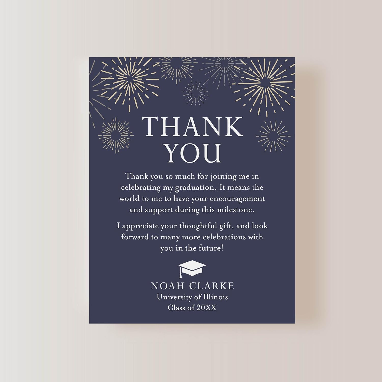 Graduation Thank You Cards Personalized with Name and School, 4.25x5.5 Navy and White Flat Thank You Note Cards with Envelopes