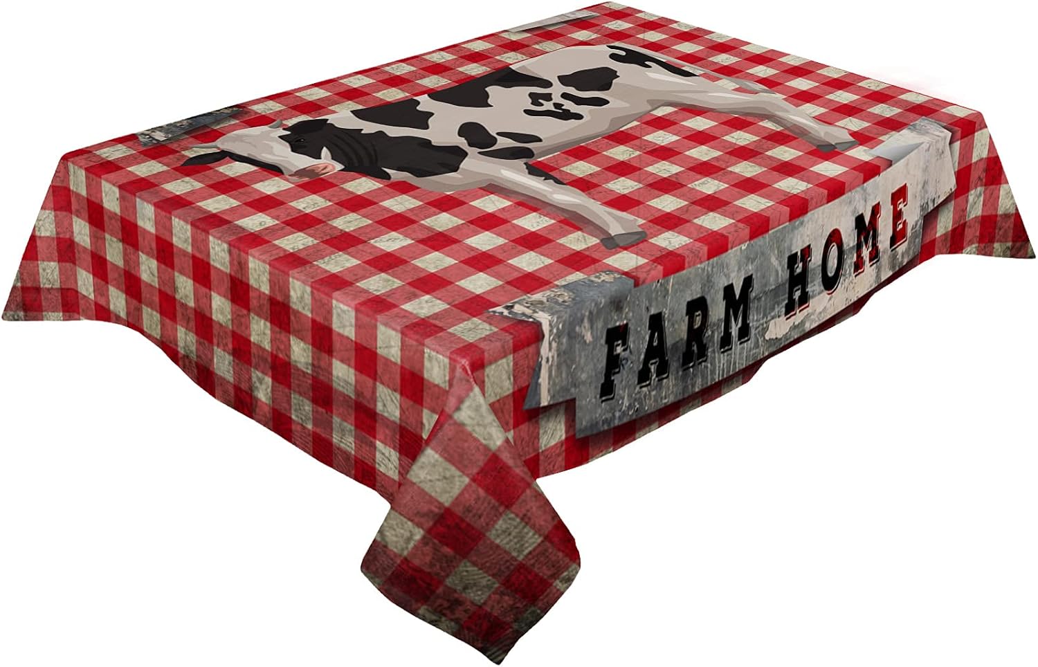 Country Animal Cow on Retro Pink Buffalo Plaid Tablecloth, Waterproof Rectangular Table Cloths Vintage Cheque Printed Tables Cover for Dinner Kitchen Wedding Party Holiday Decoration 60"x84"