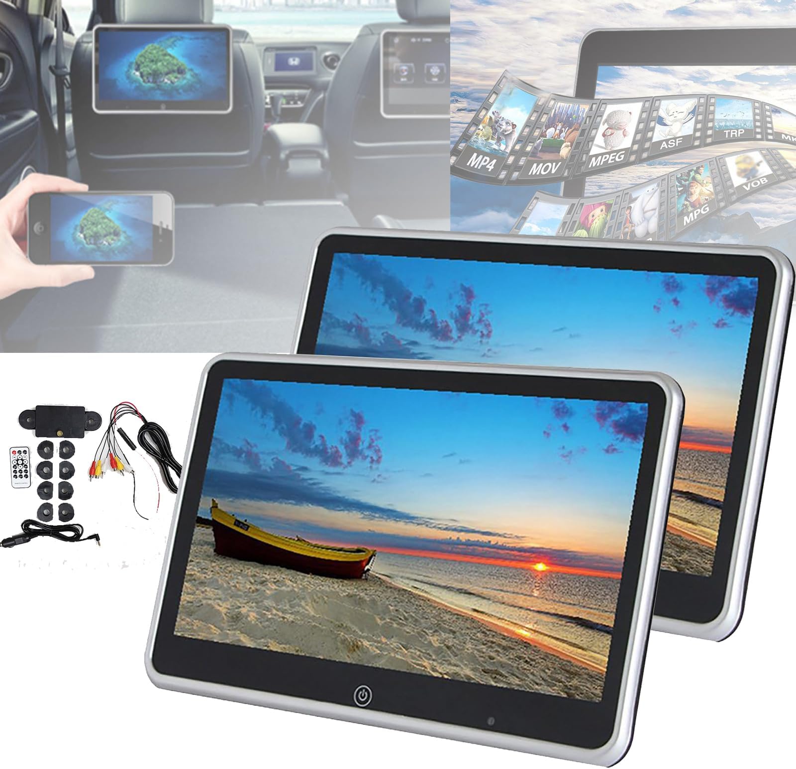 10.1 Inch Car Headrest Display, Full Touch Screen, 9 Languages, MP5 Car Entertainment System Rear, Supports USB+headphone Jack+speaker, Suitable for Rear-seat Entertainment,2PCS