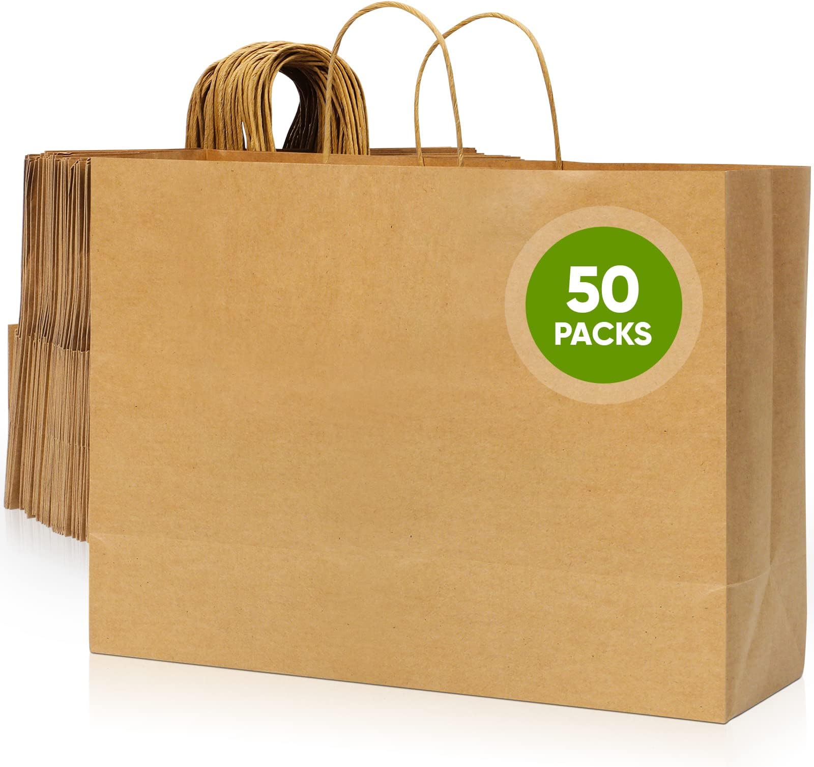 Tobvory Paper Bags With Handles, 50 Pcs Kraft Paper Bags 16x6x12 Inches Brown Bulk, Large Recycled Paper Bag, Shopping/Gift/Retail Bag For Small Business Grocery