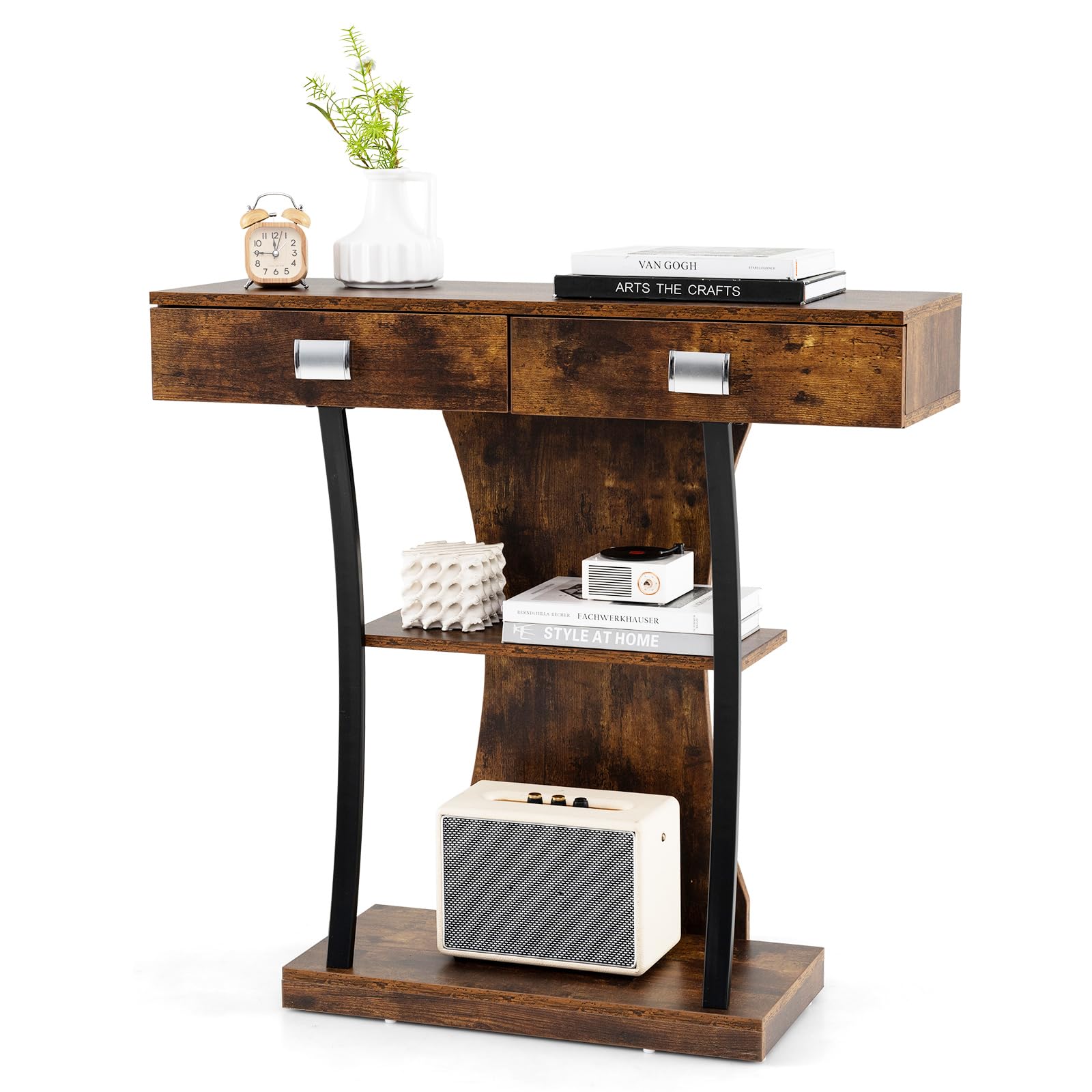 COSTWAY Console Table, Wooden T-Shaped Narrow Behind Sofa Table Hall Desk with Drawer and Storage Shelves, Industrial Accent Couch Side Table for Hallway Entryway Living Room (2 Drawers, Rustic Brown)