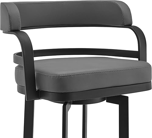 Vista 122 de Armen Living Prinz Taburete giratorio de 26 pulgadas de altura de mostrador en piel sintética negra y acabado de acero inoxidable cepillado