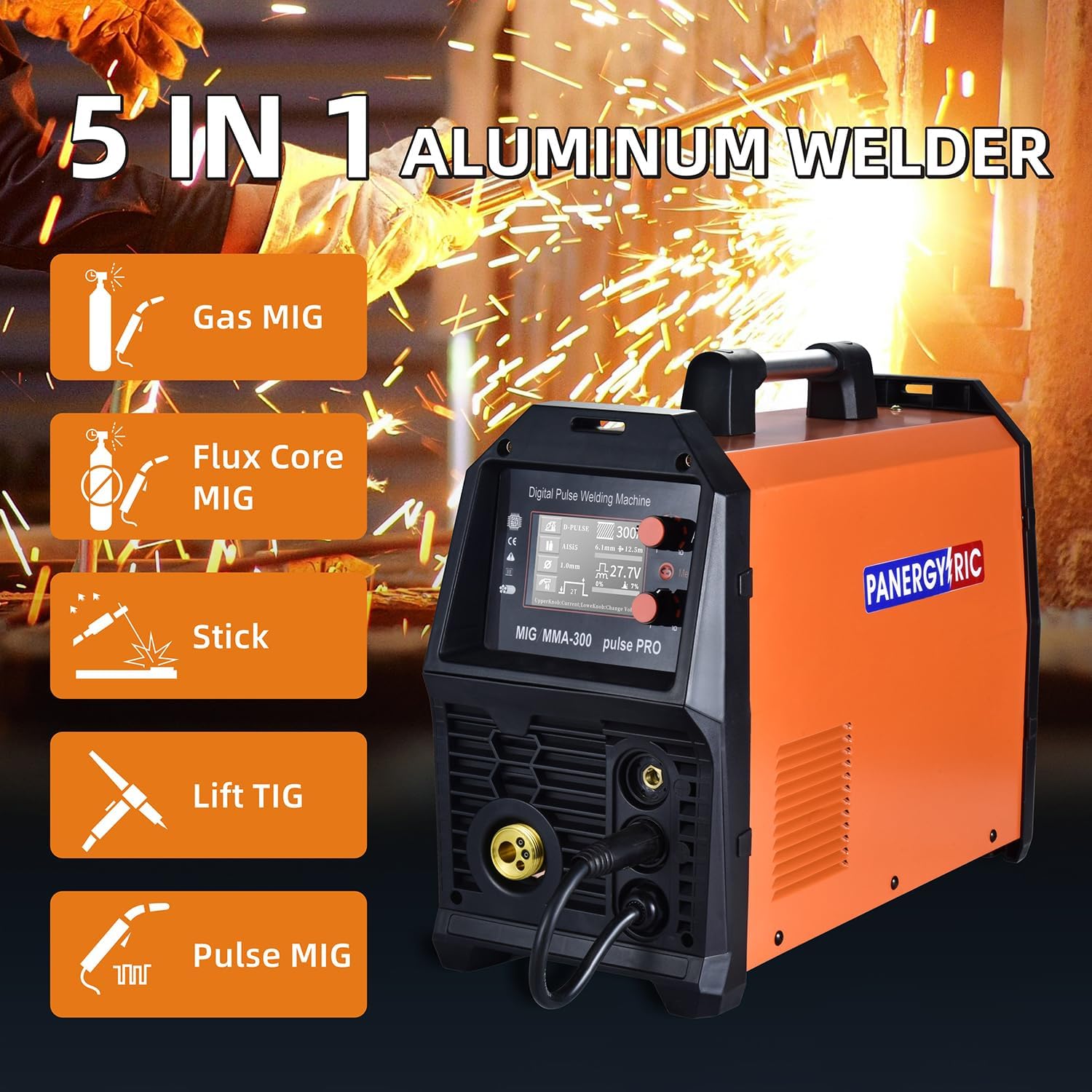 Graphic illustrating the five welding processes: Gas MIG, Flux Core MIG, Stick, Lift TIG, and Pulse MIG, with the welder in the background.