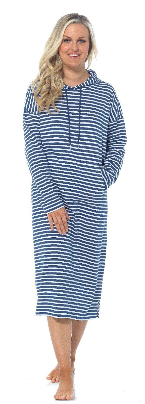 Ex Uk Store Women's Stripe Navy Nightie Long Length Hooded Lounge Nightdress Uk Sizes 8 To 22 ( 16-18)