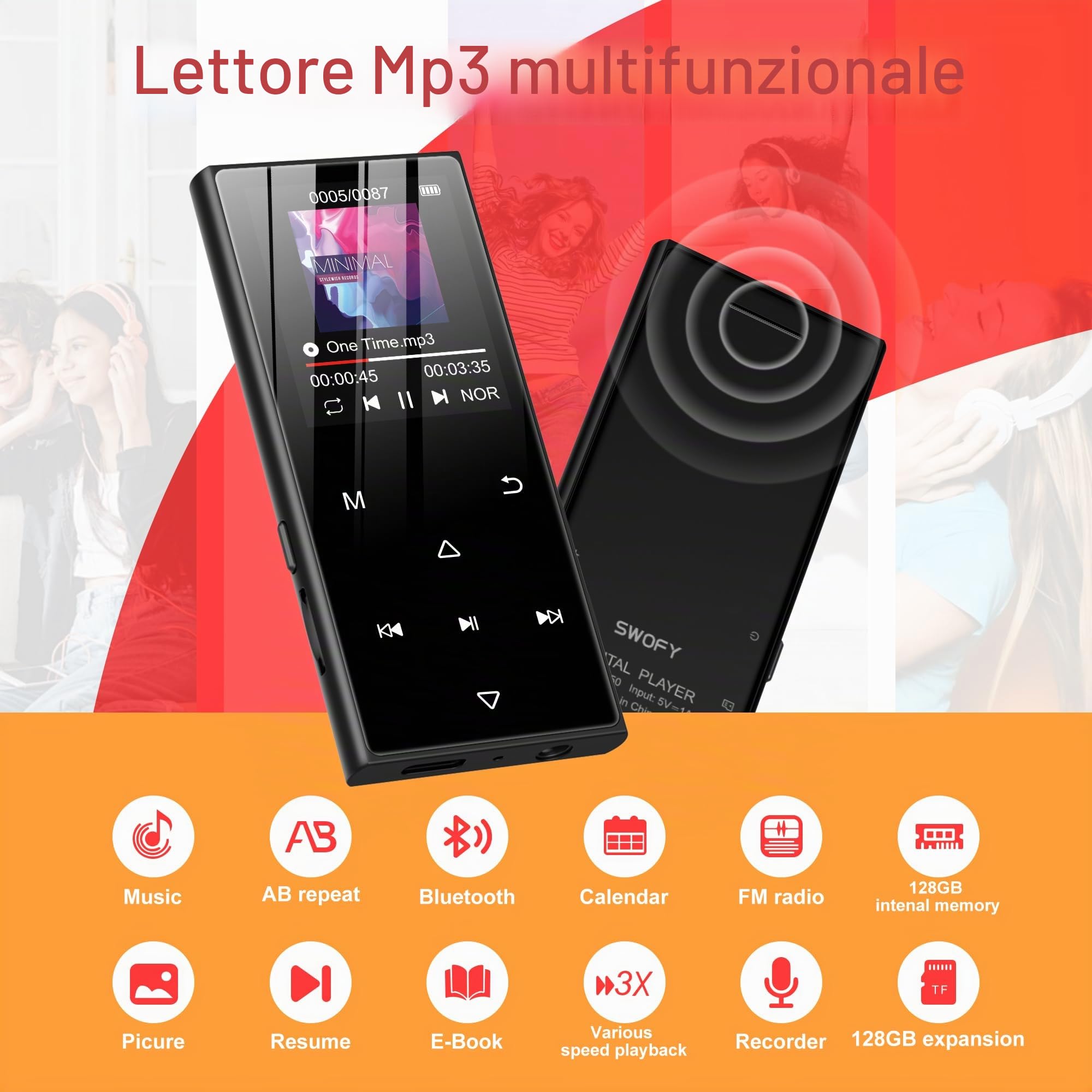 Lettore MP3 da 128 GB con Bluetooth 5.3 e touchscreen da 1,8 pollici, musica hi-fi, lettore MP3 per bambini con altoparlante, radio FM, funzione e-book, funzione di registrazione (Nero)