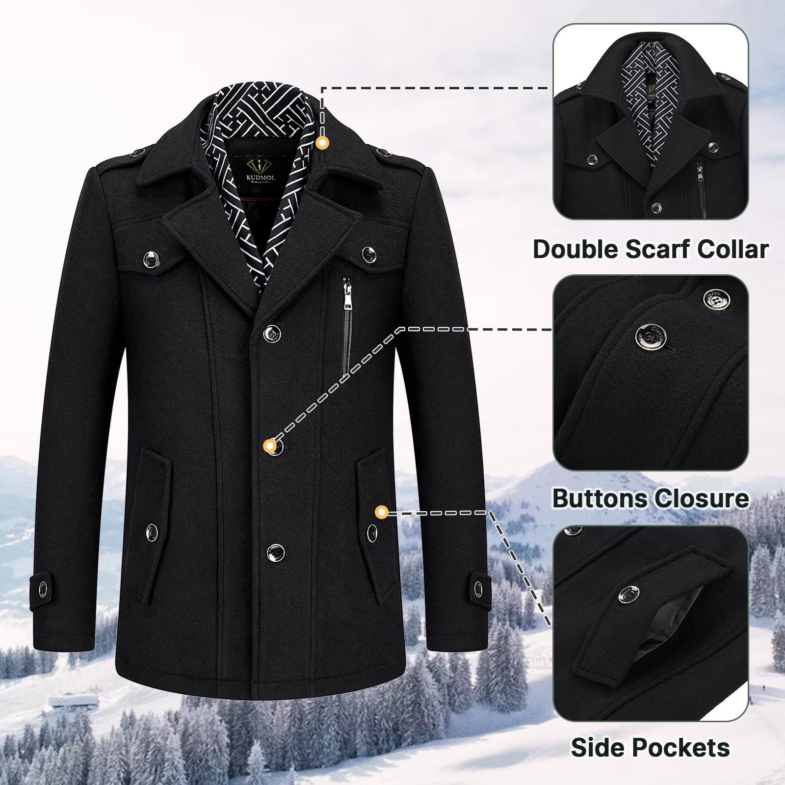 Manteau Homme en Laine Hiver Chaud Trench-Coat Homme Caban Pardessus Épais Business Slim Fit Overcoat