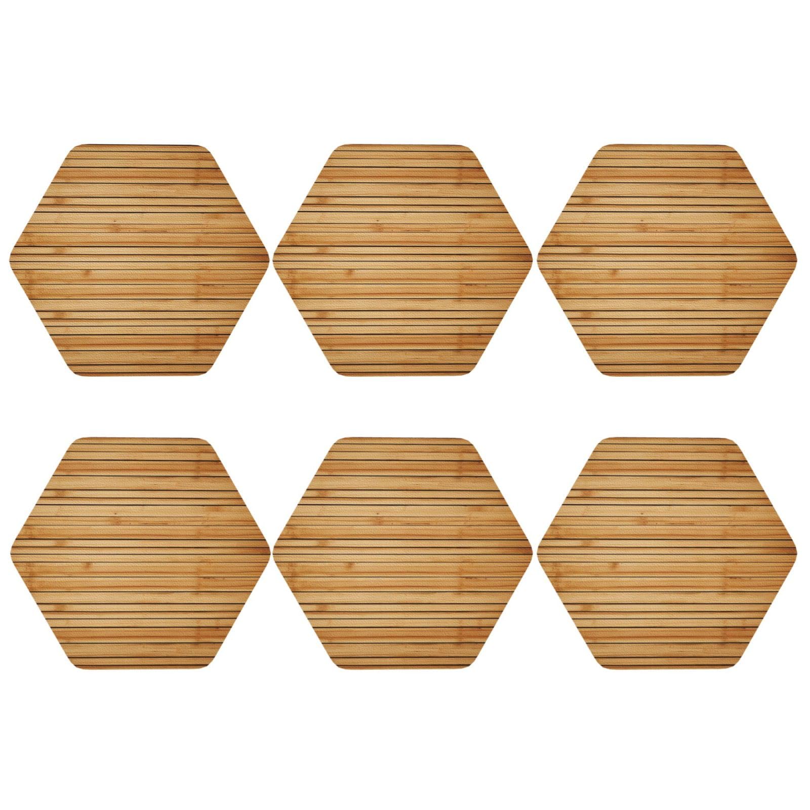 6Pcs PU Leather Coaster for Drinks, Bamboo Board Texture Cup Coastersr 4" Cup Mat Pad, Aesthetic Drink Coasters for Coffee Table, Hexagon Coaster for Tabletop Protection