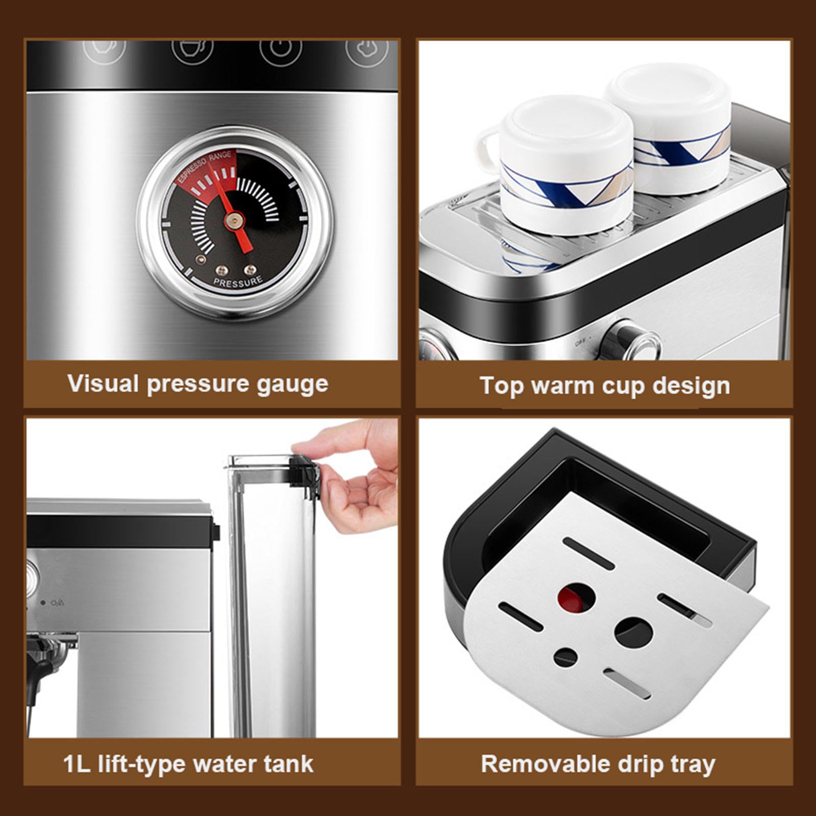 Cafetera Espresso Profesional de 20 Bares, Cafetera Espresso de Acero Inoxidable con Varilla de Vapor Espumador de Leche y Manómetro, Cafetera Compacta